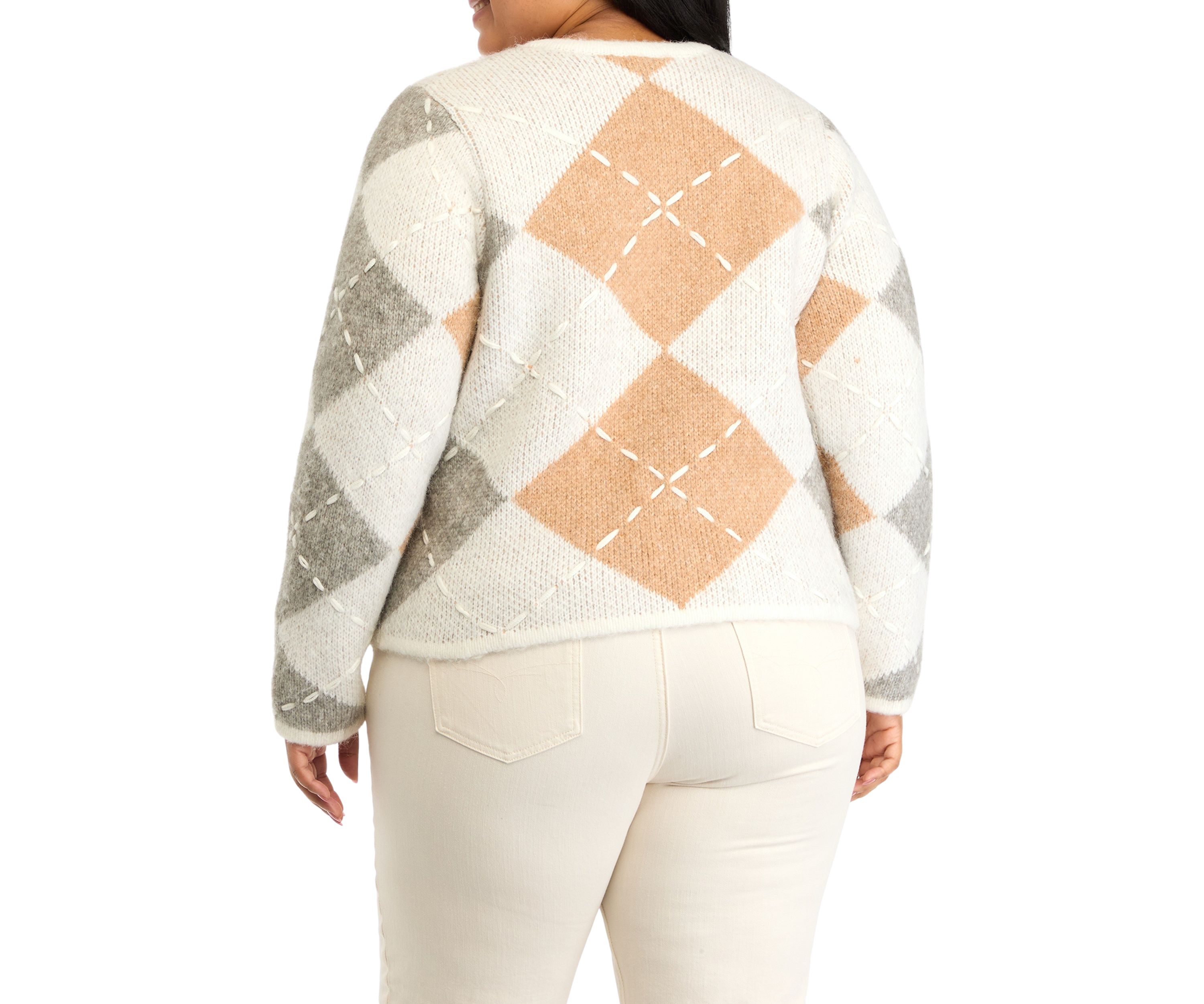 Plus Size Argyle Long Sleeve Cardigan