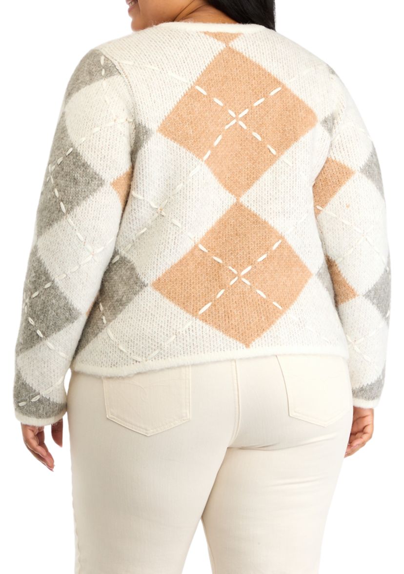 Plus Size Argyle Long Sleeve Cardigan