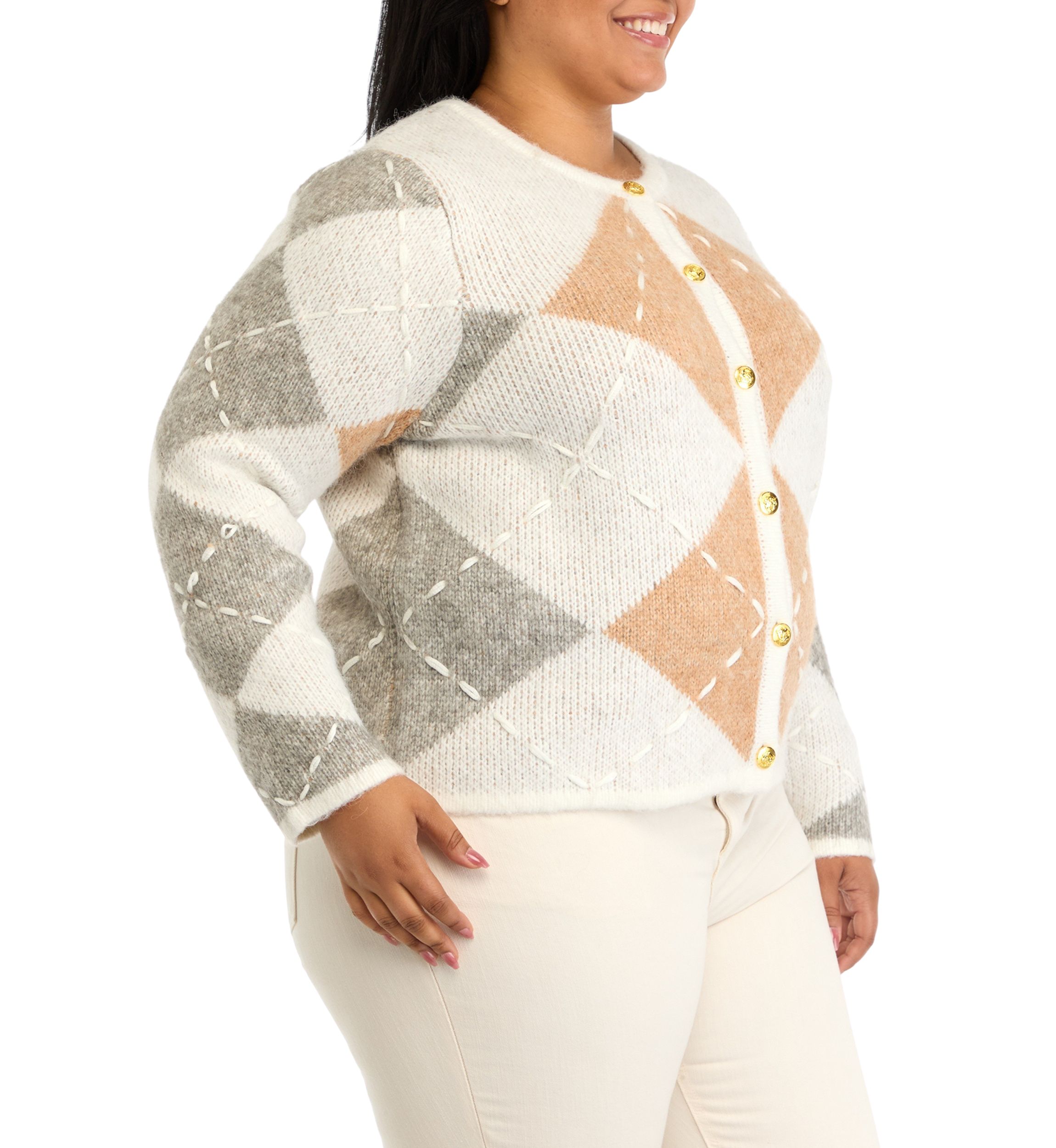 Plus Size Argyle Long Sleeve Cardigan