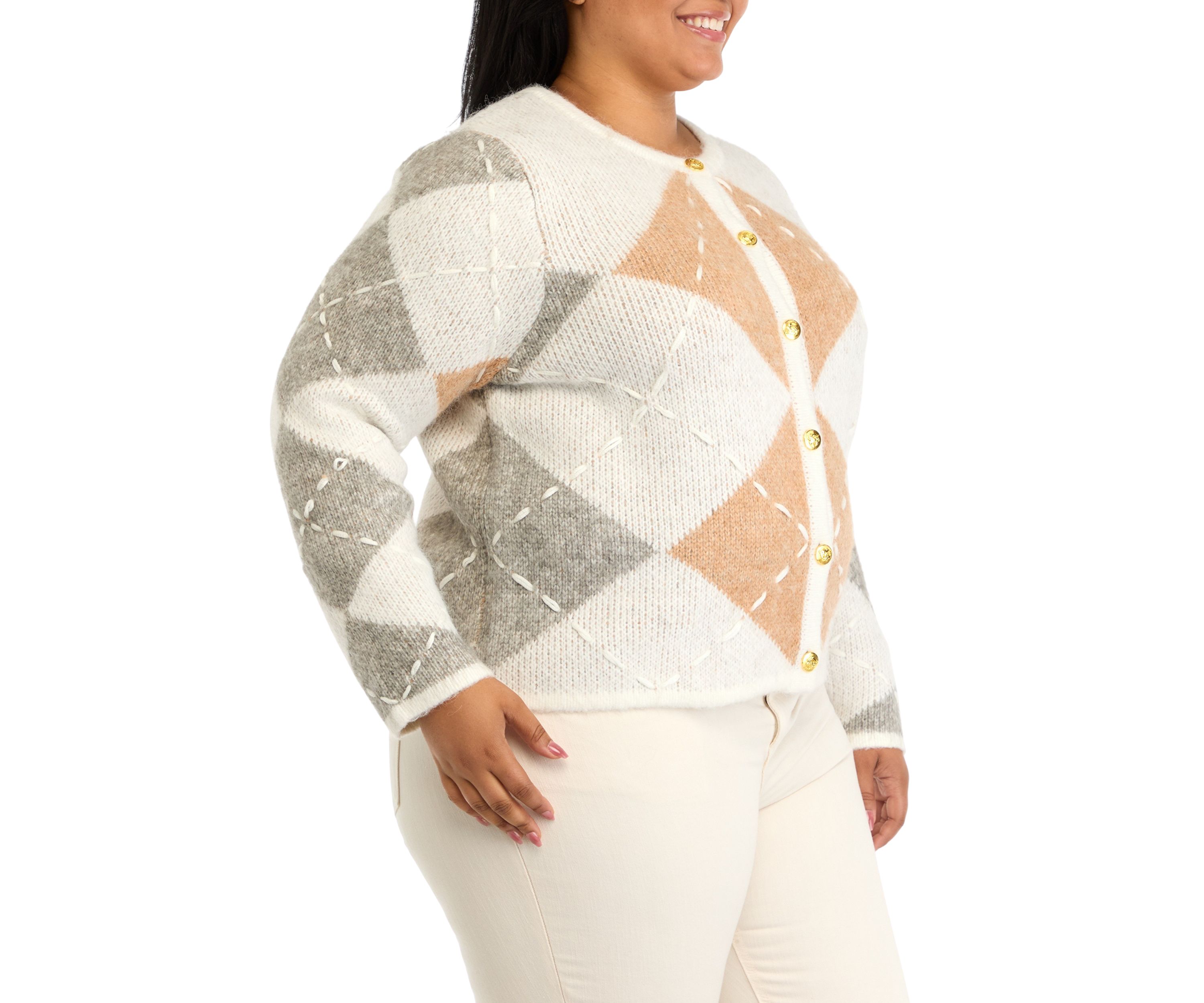 Plus Size Argyle Long Sleeve Cardigan