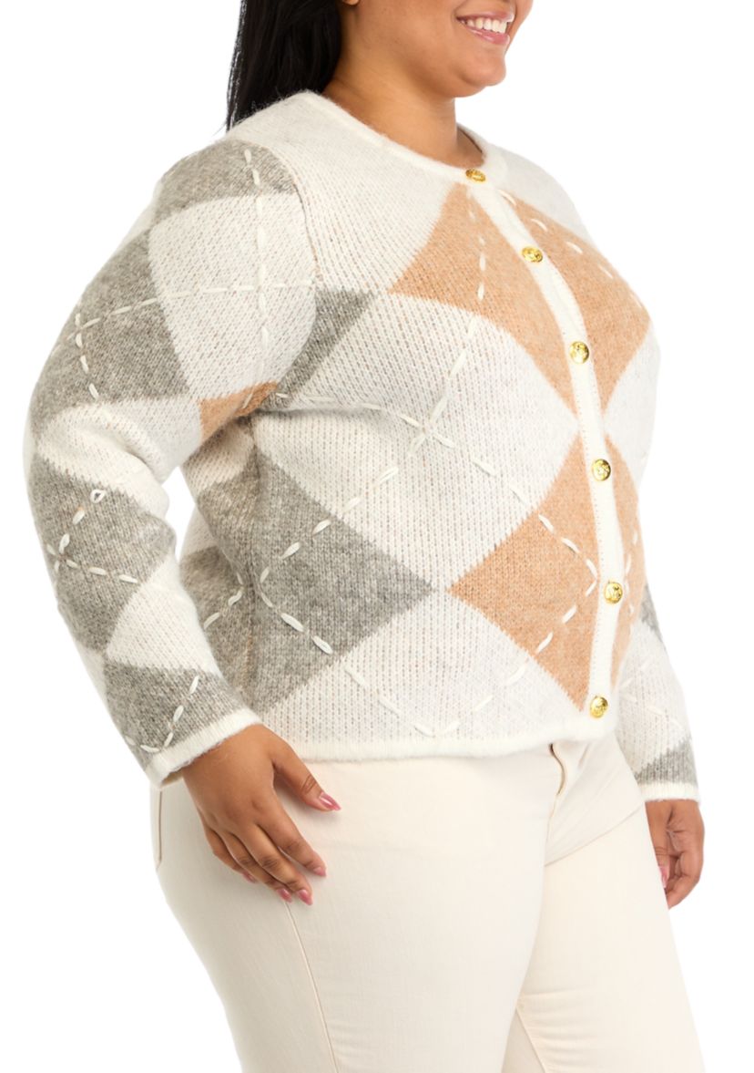 Plus Size Argyle Long Sleeve Cardigan
