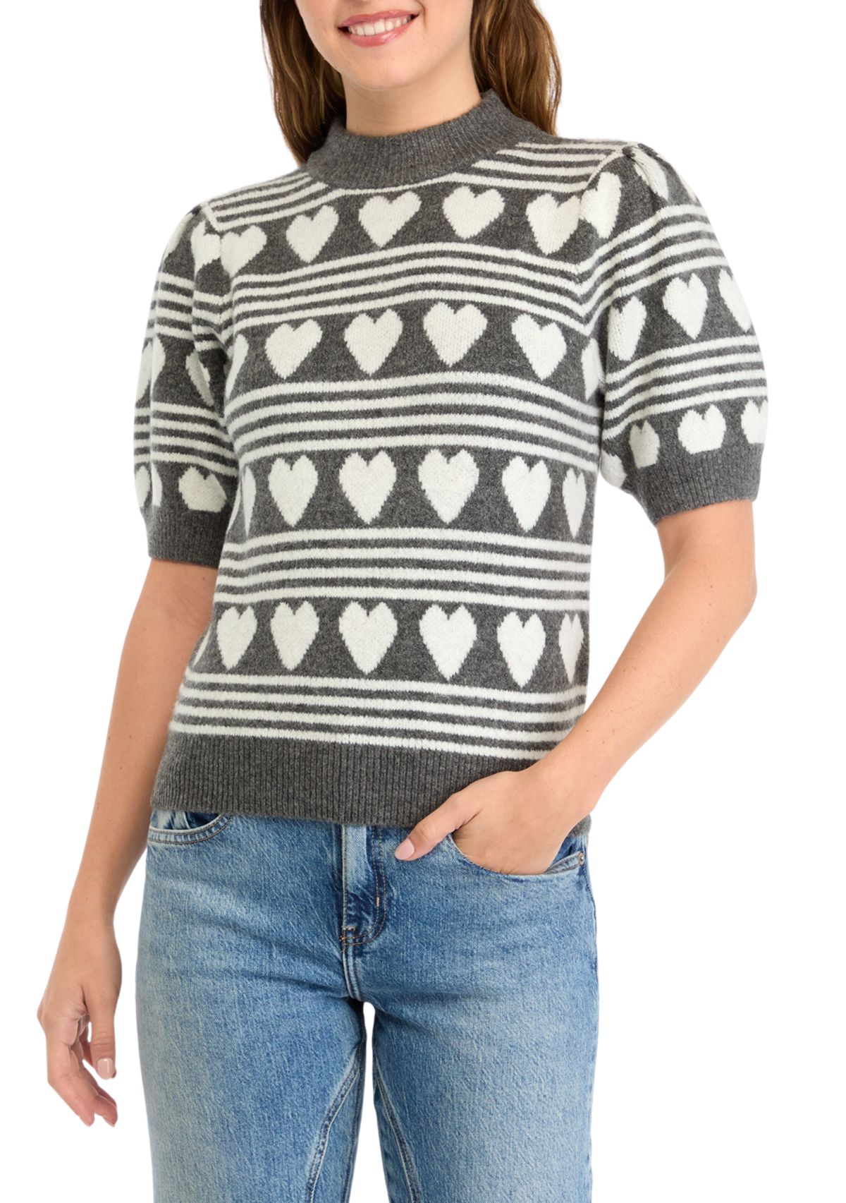 Womens Heart Stripe Puff Sleeve Sweater