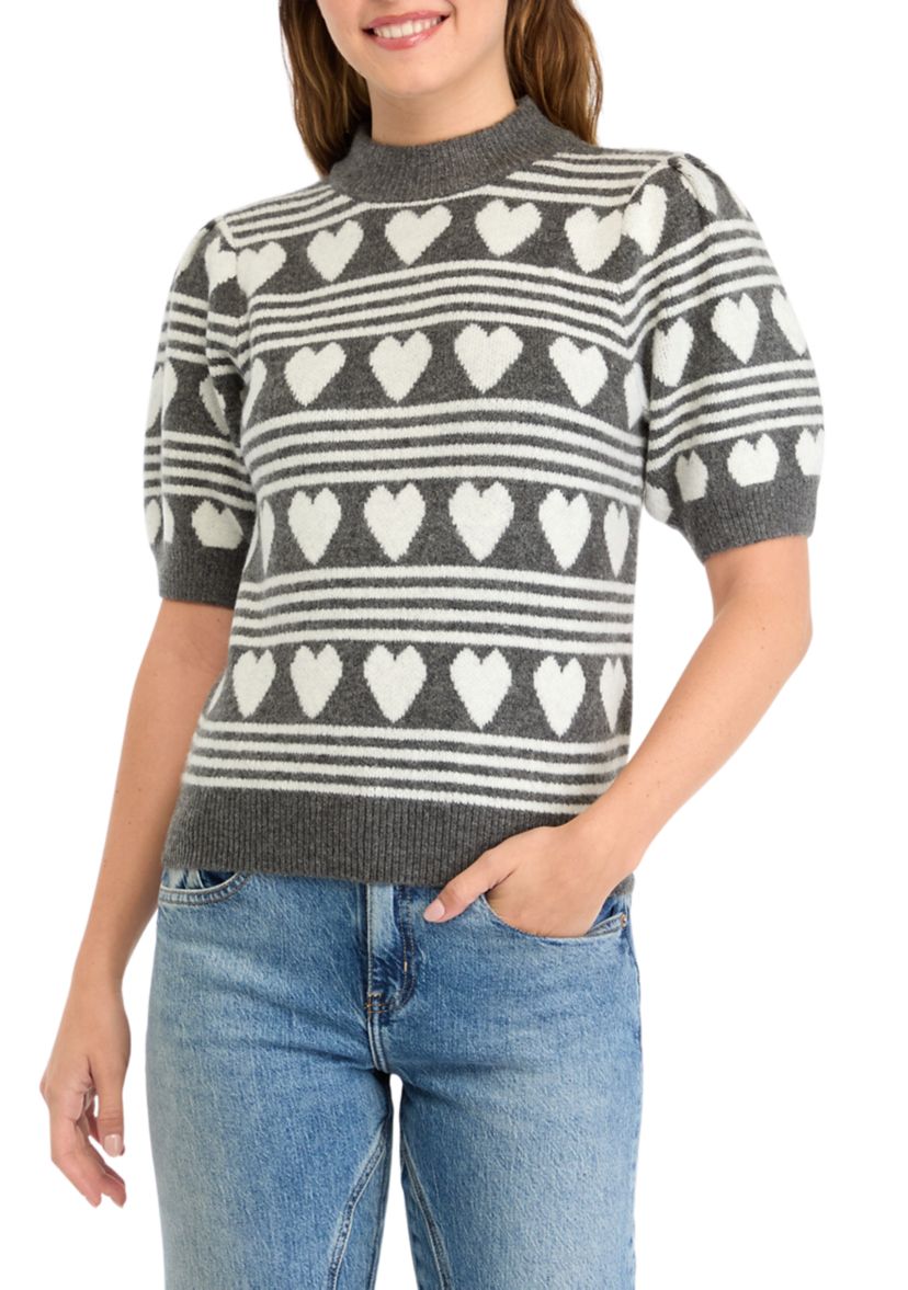 Womens Heart Stripe Puff Sleeve Sweater
