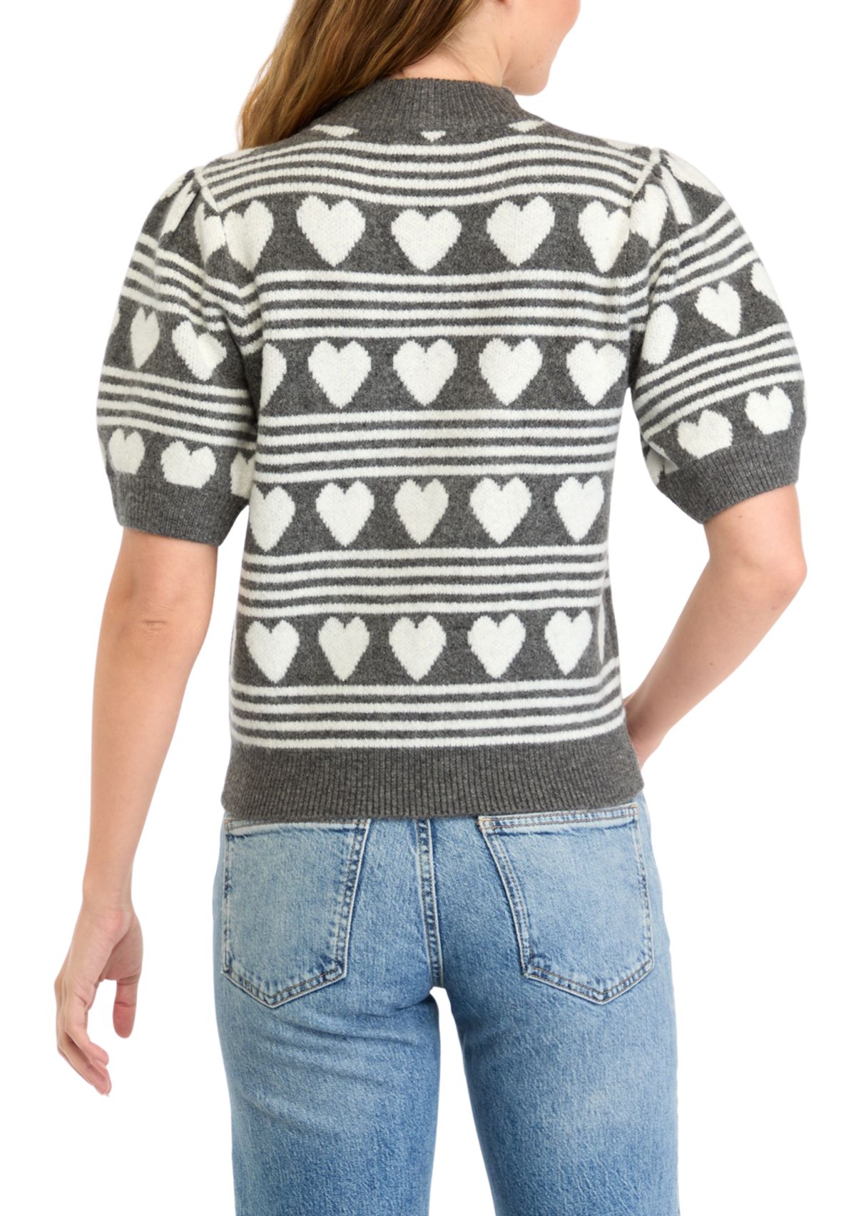 Womens Heart Stripe Puff Sleeve Sweater