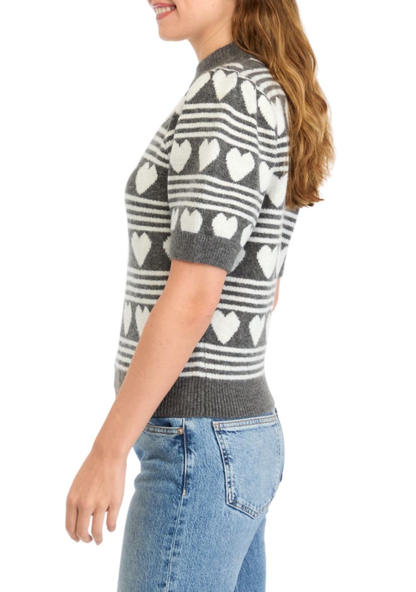 Womens Heart Stripe Puff Sleeve Sweater