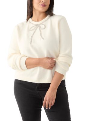 ENGLISH FACTORY Women's Plus Size Rhinestone Bow Knit Pullover, White, 1X
