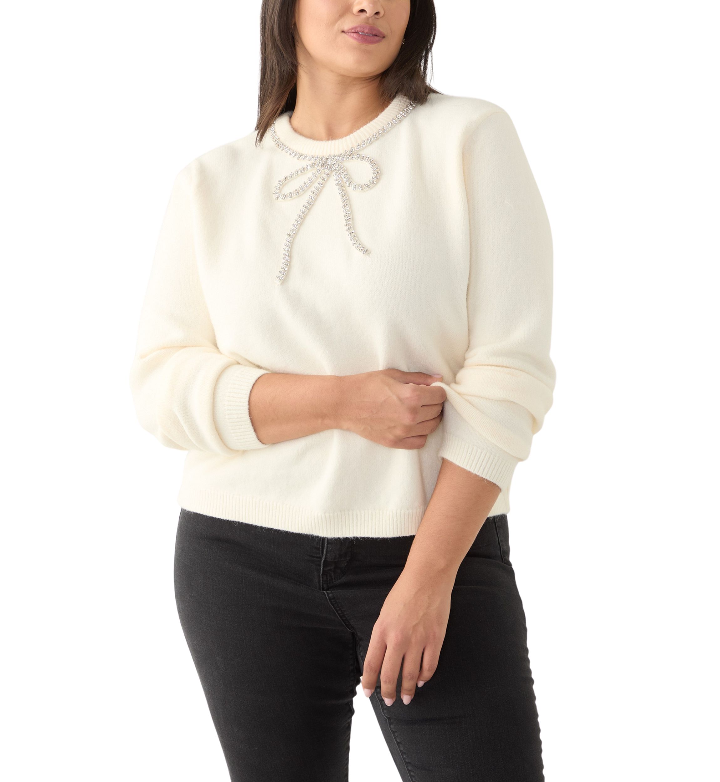 Plus Size Rhinestone Bow Knit Pullover 