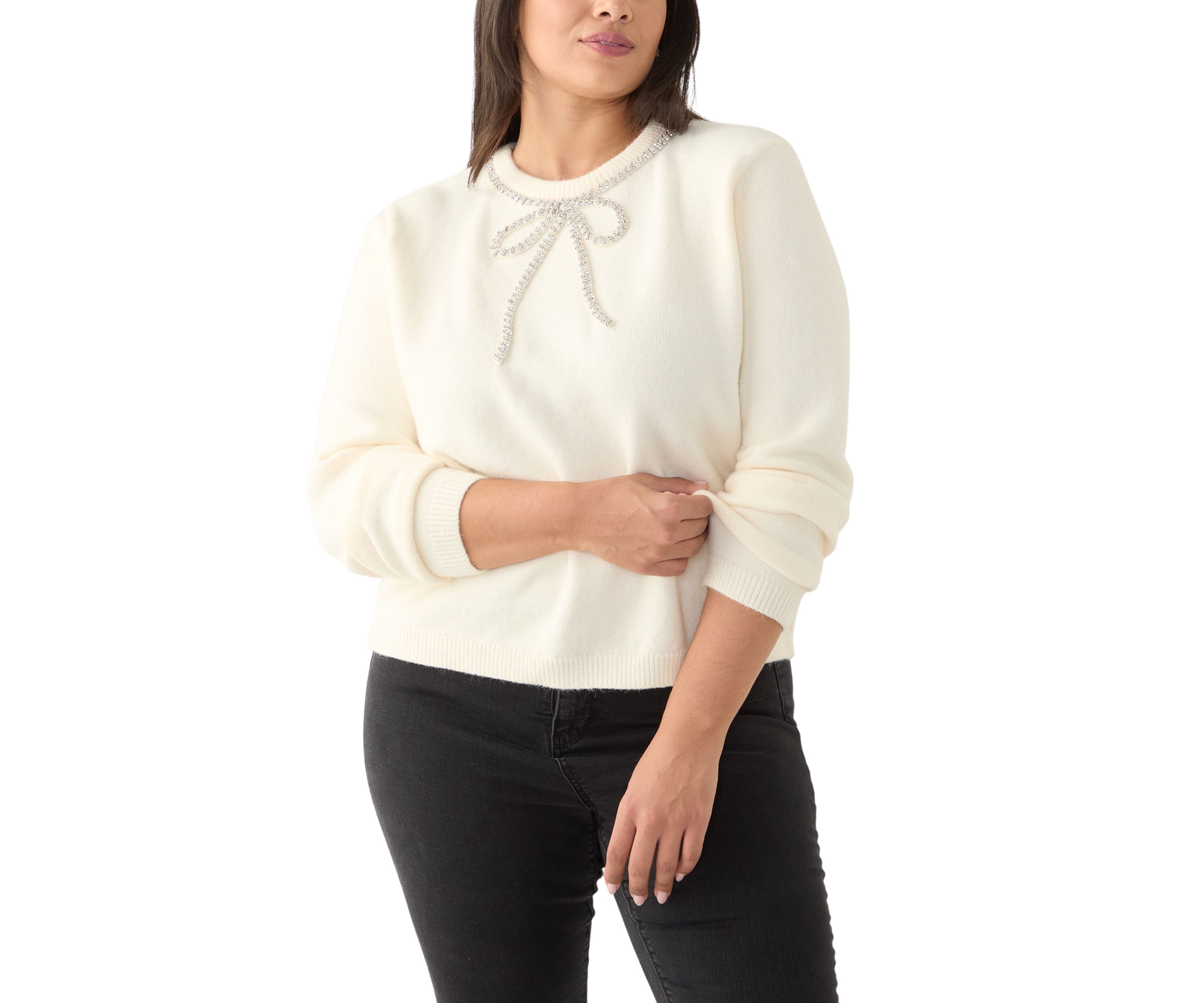 Plus Size Rhinestone Bow Knit Pullover 