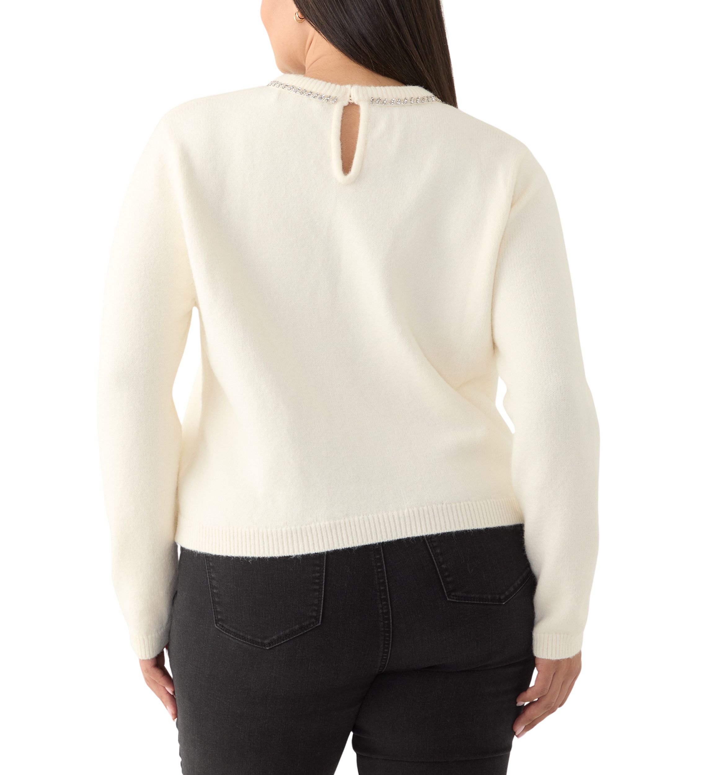 Plus Size Rhinestone Bow Knit Pullover 