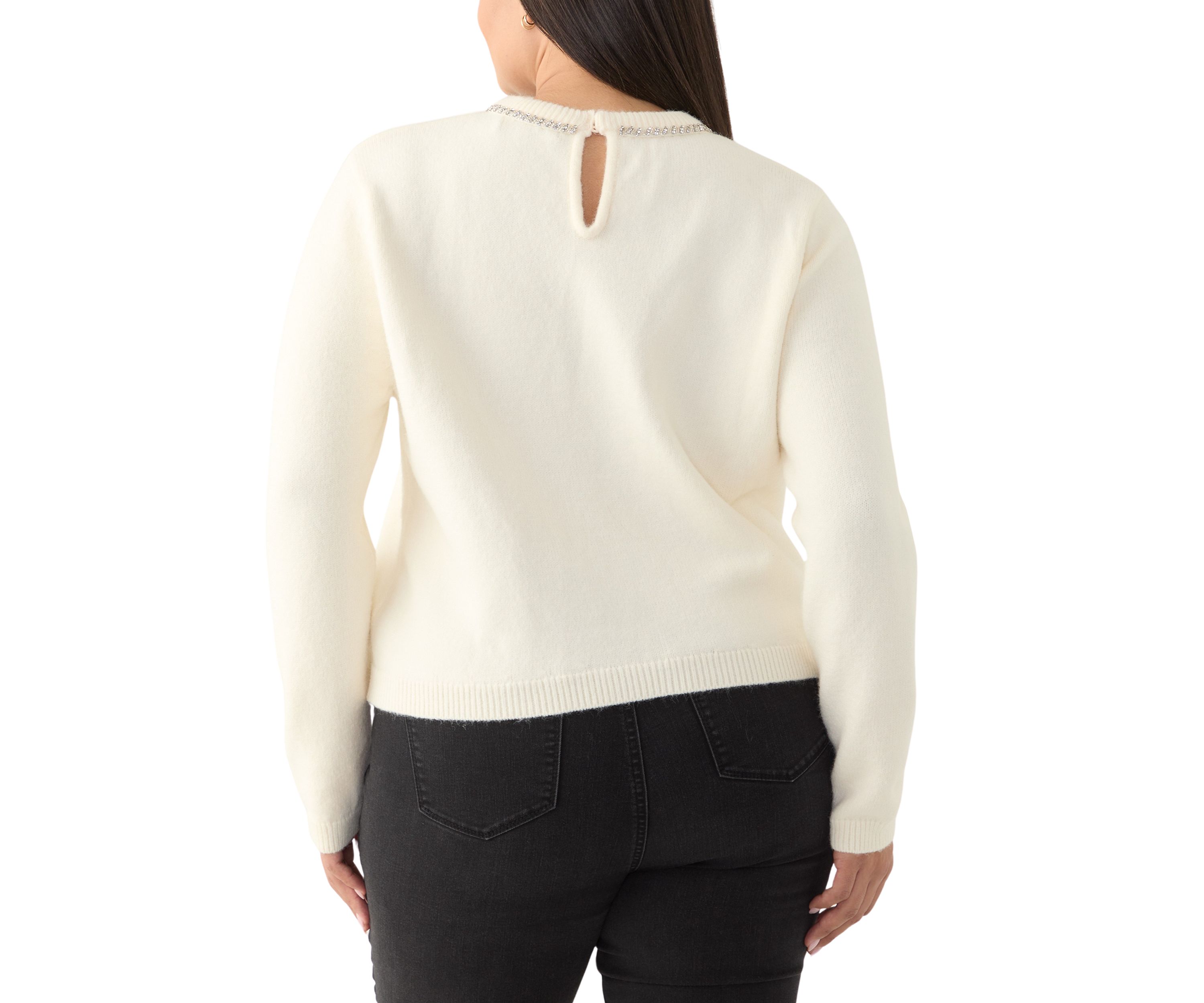 Plus Size Rhinestone Bow Knit Pullover 