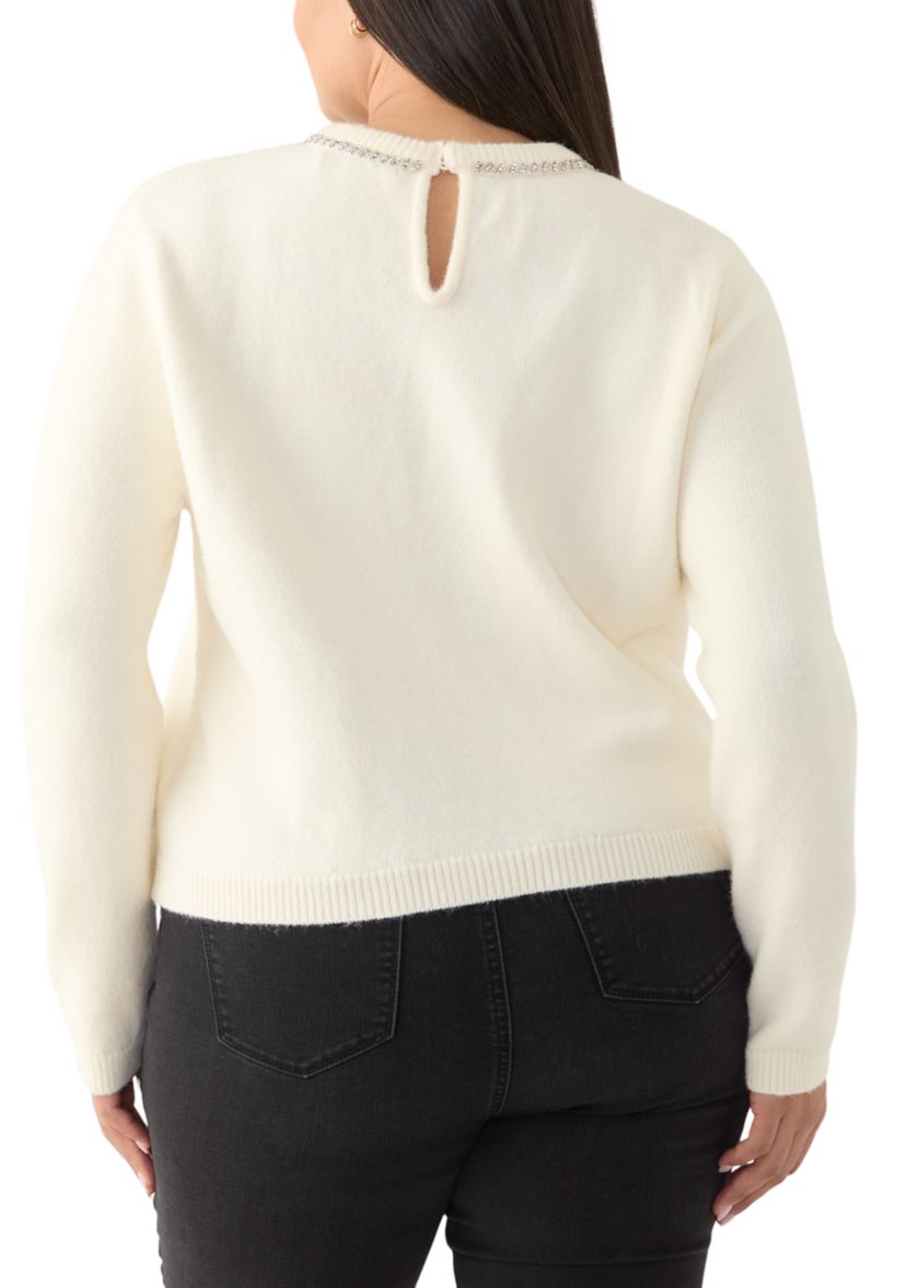 Plus Size Rhinestone Bow Knit Pullover 
