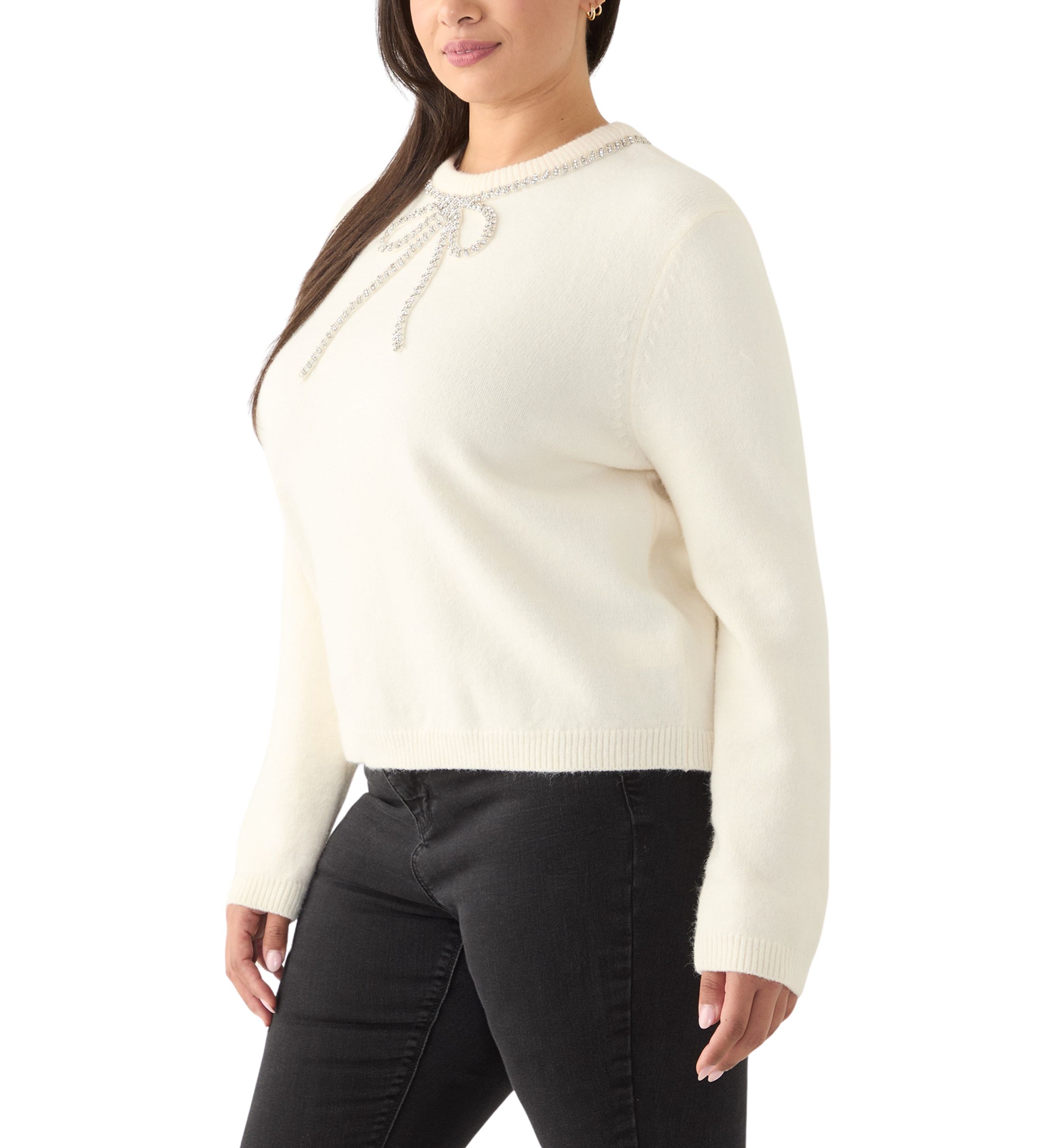 Plus Size Rhinestone Bow Knit Pullover 