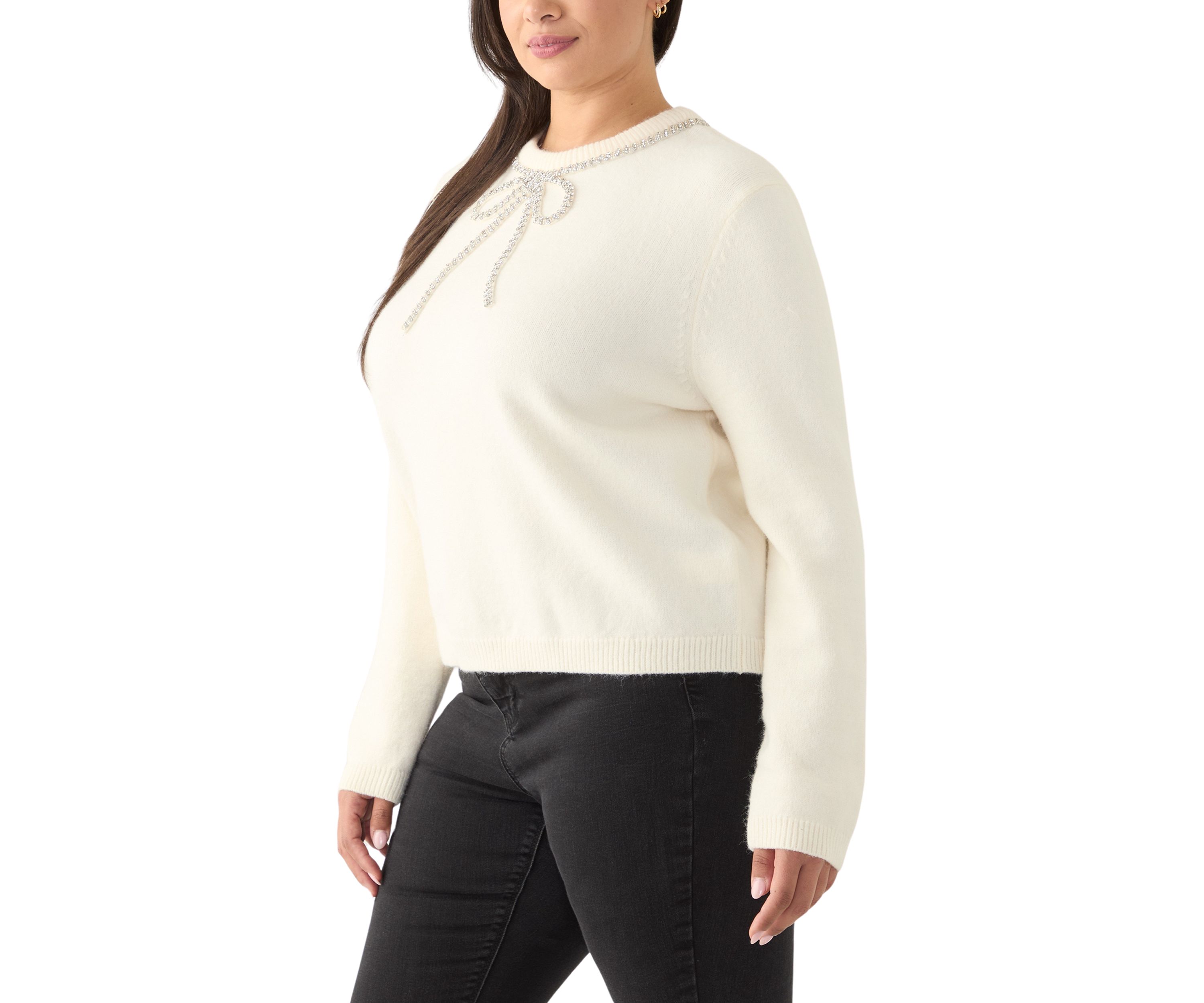 Plus Size Rhinestone Bow Knit Pullover 