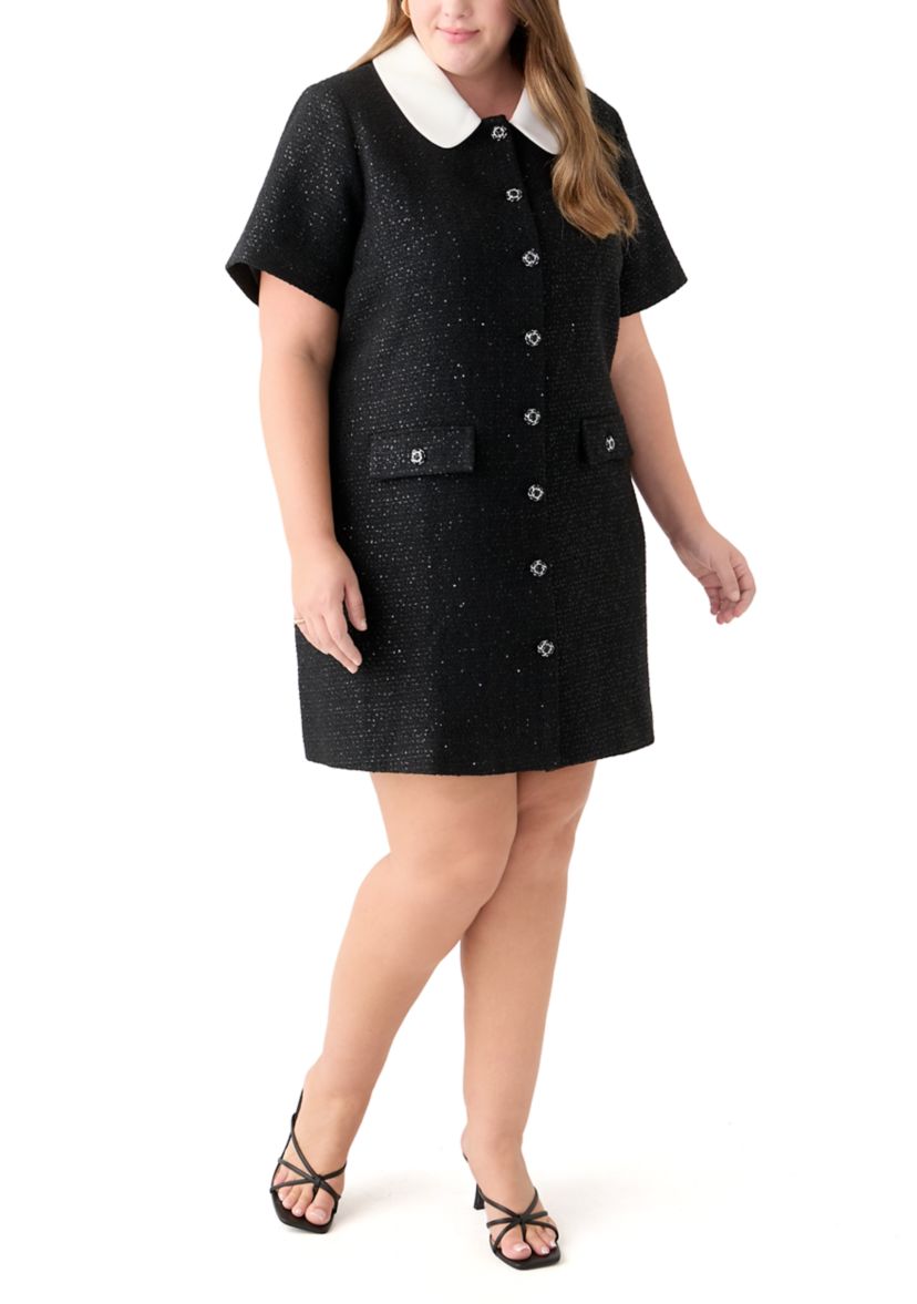 Plus Size Collar Pointed Tweed Mini Dress