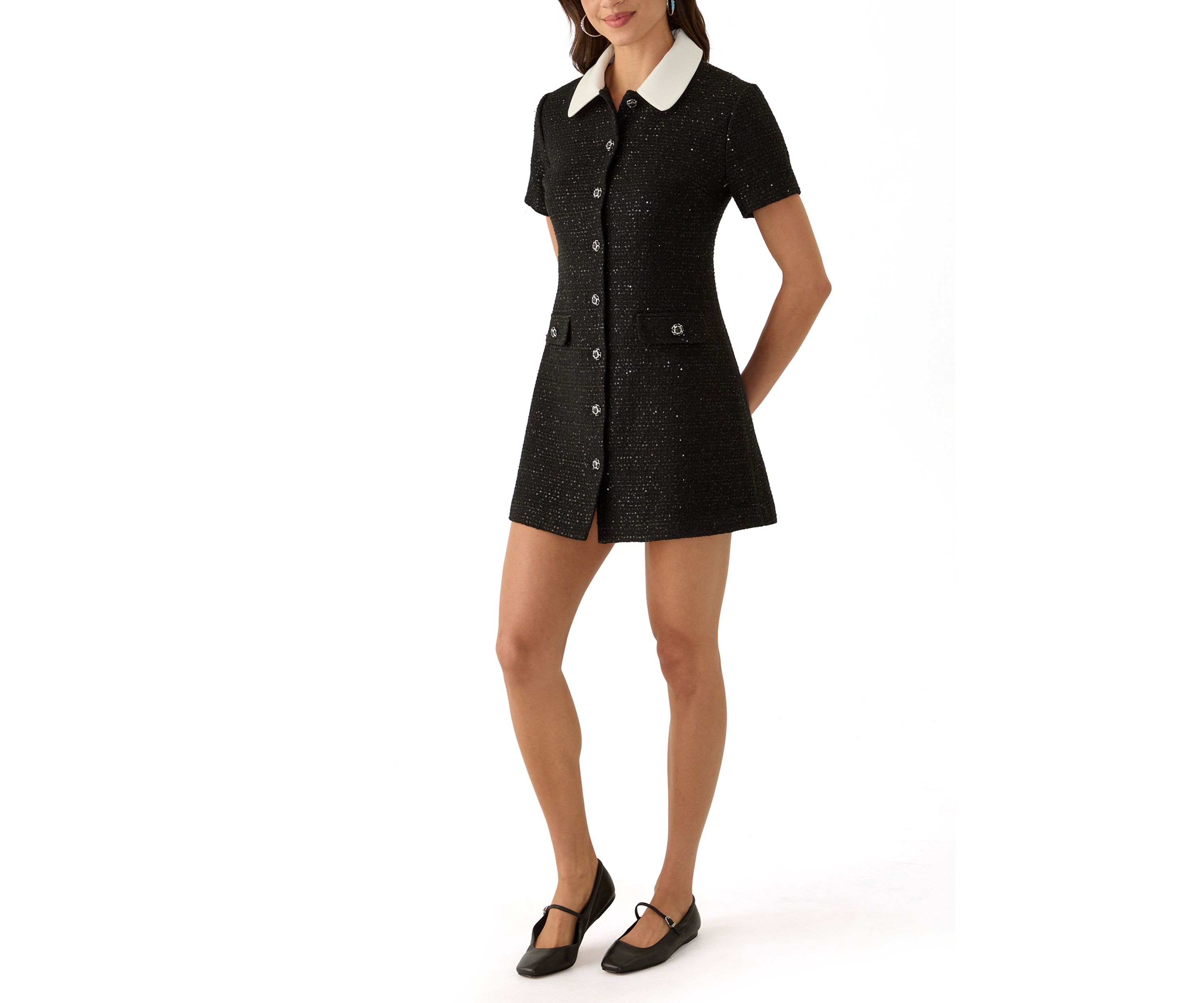 Womens Collar Pointed Tweed Dress