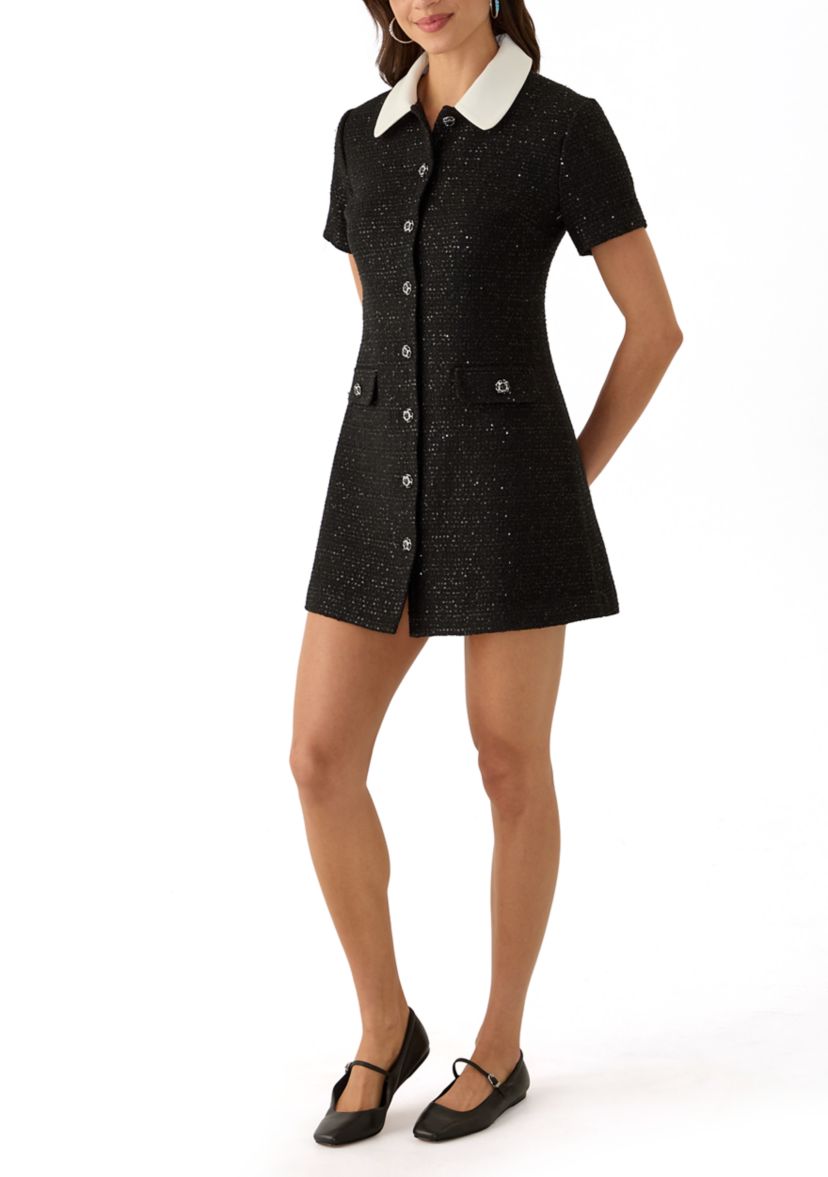 Womens Collar Pointed Tweed Dress