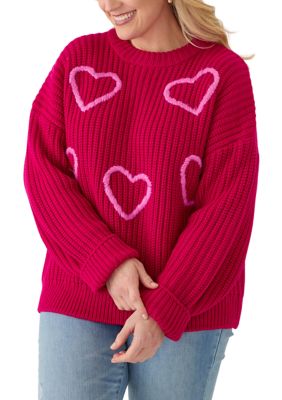 ENGLISH FACTORY Women's Plus Size Heart Embroidery Knit Sweater, Pink, 3X