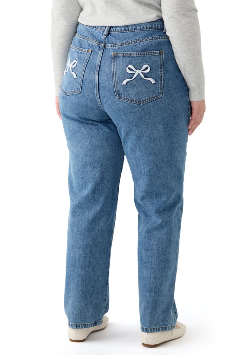 ENGLISH FACTORY Plus Size Embroidered Bow Denim Jeans | Belk