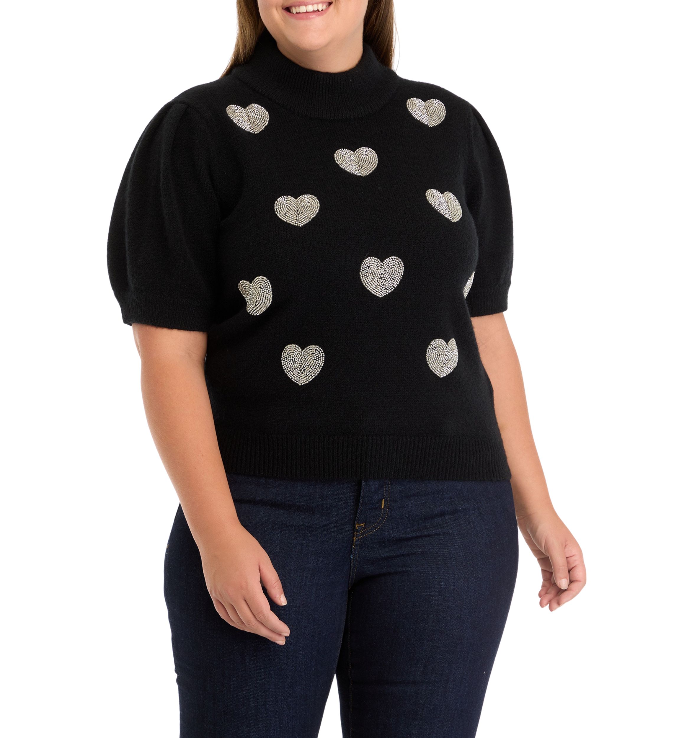 Plus Size Beaded Heart Puff Sleeve Sweater 
