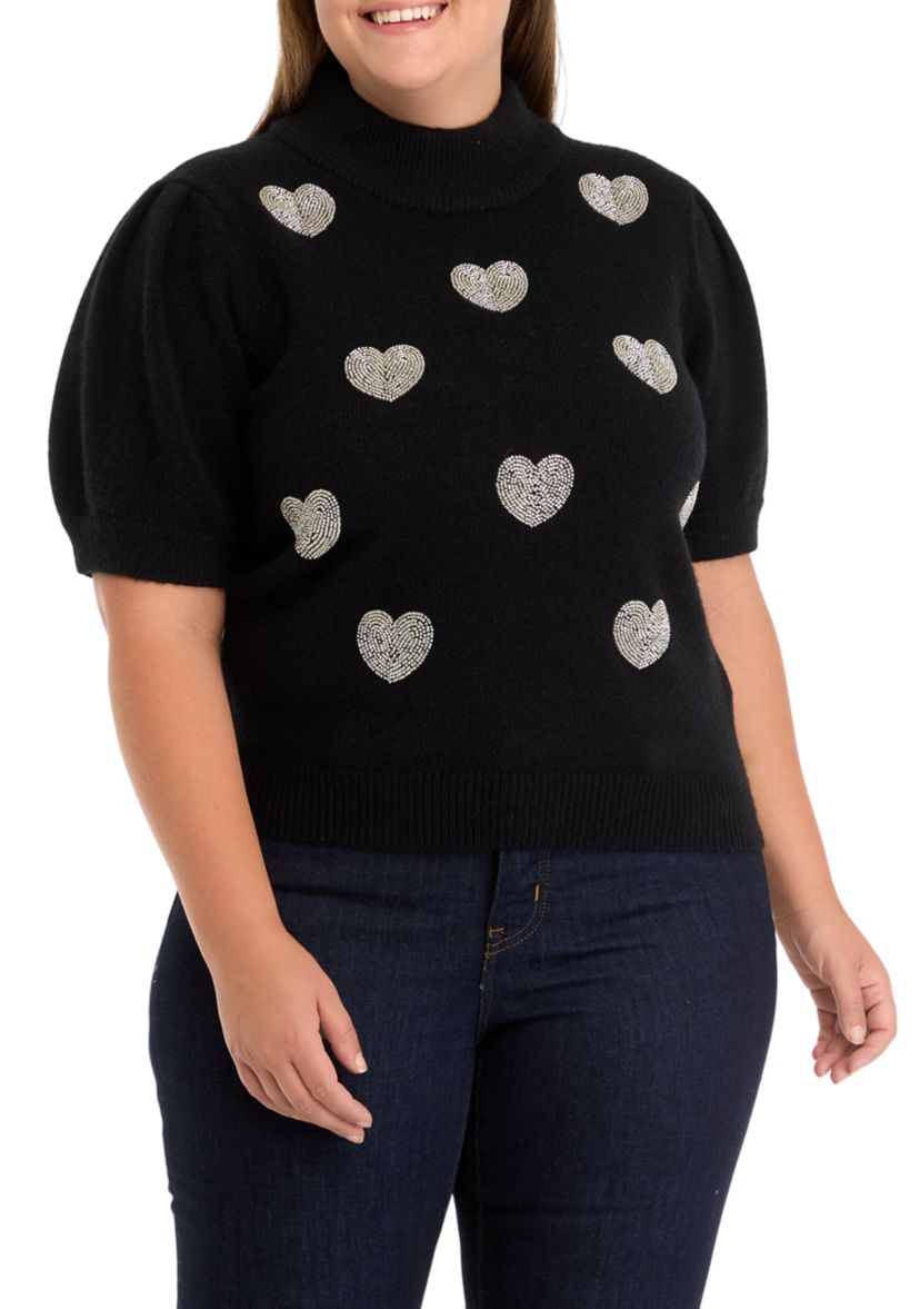 Plus Size Beaded Heart Puff Sleeve Sweater 