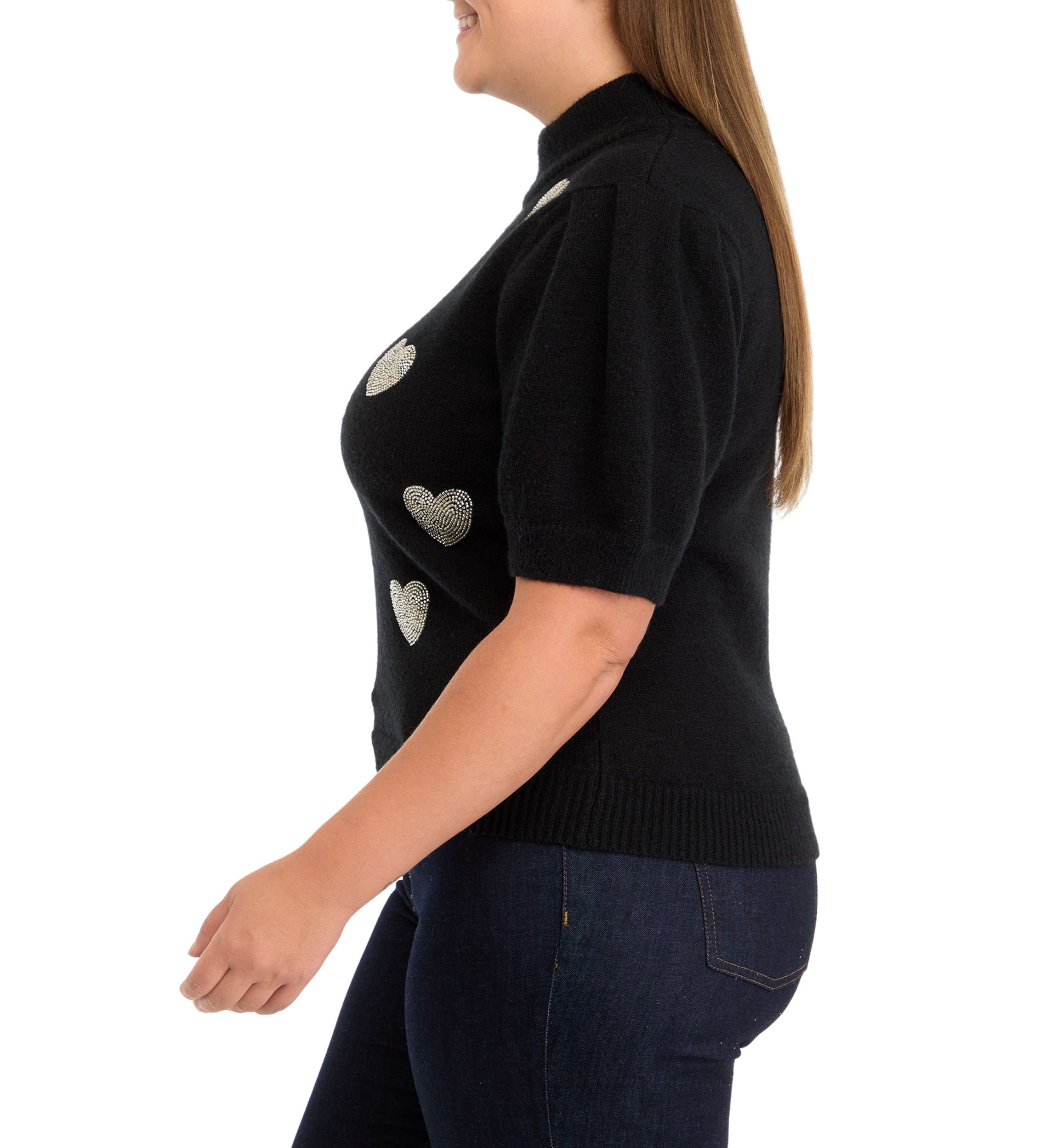 Plus Size Beaded Heart Puff Sleeve Sweater 