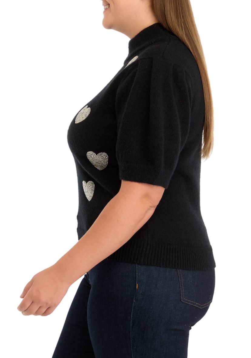 Plus Size Beaded Heart Puff Sleeve Sweater 