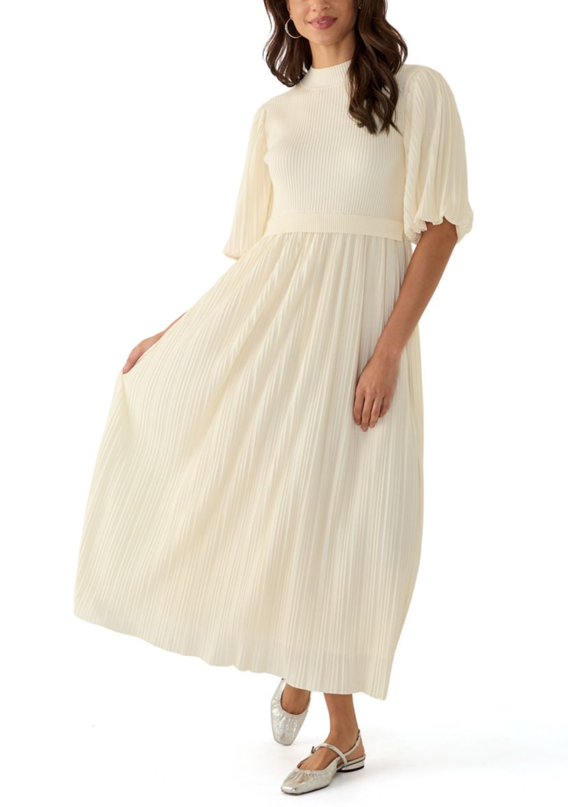 Womens Pleated Mix Media Maxi Dress