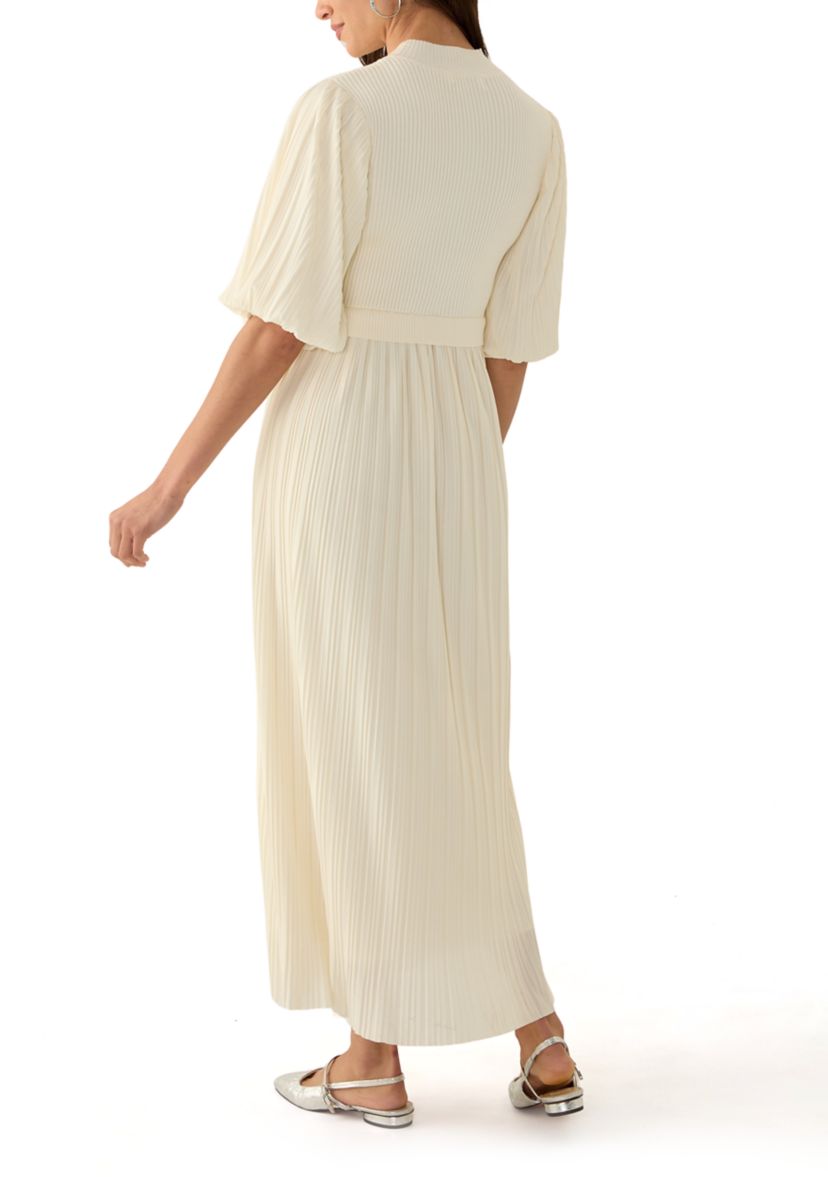 Womens Pleated Mix Media Maxi Dress