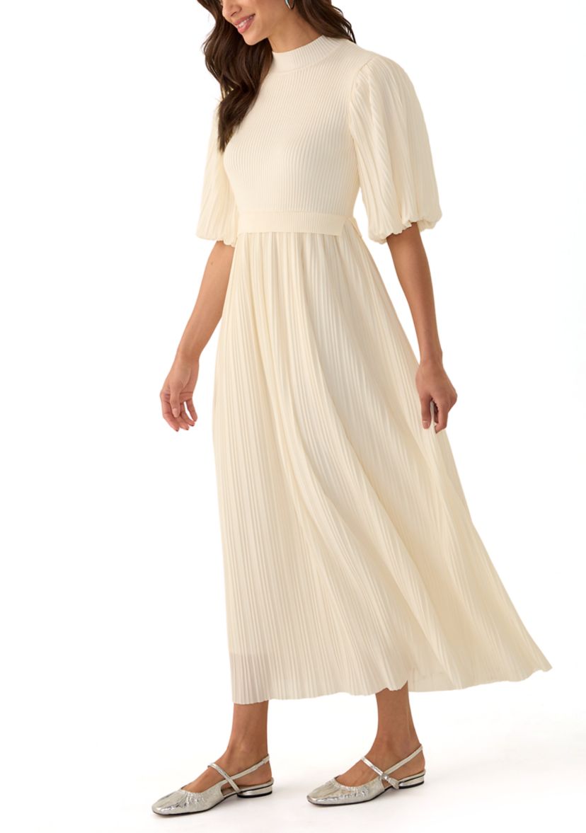 Womens Pleated Mix Media Maxi Dress