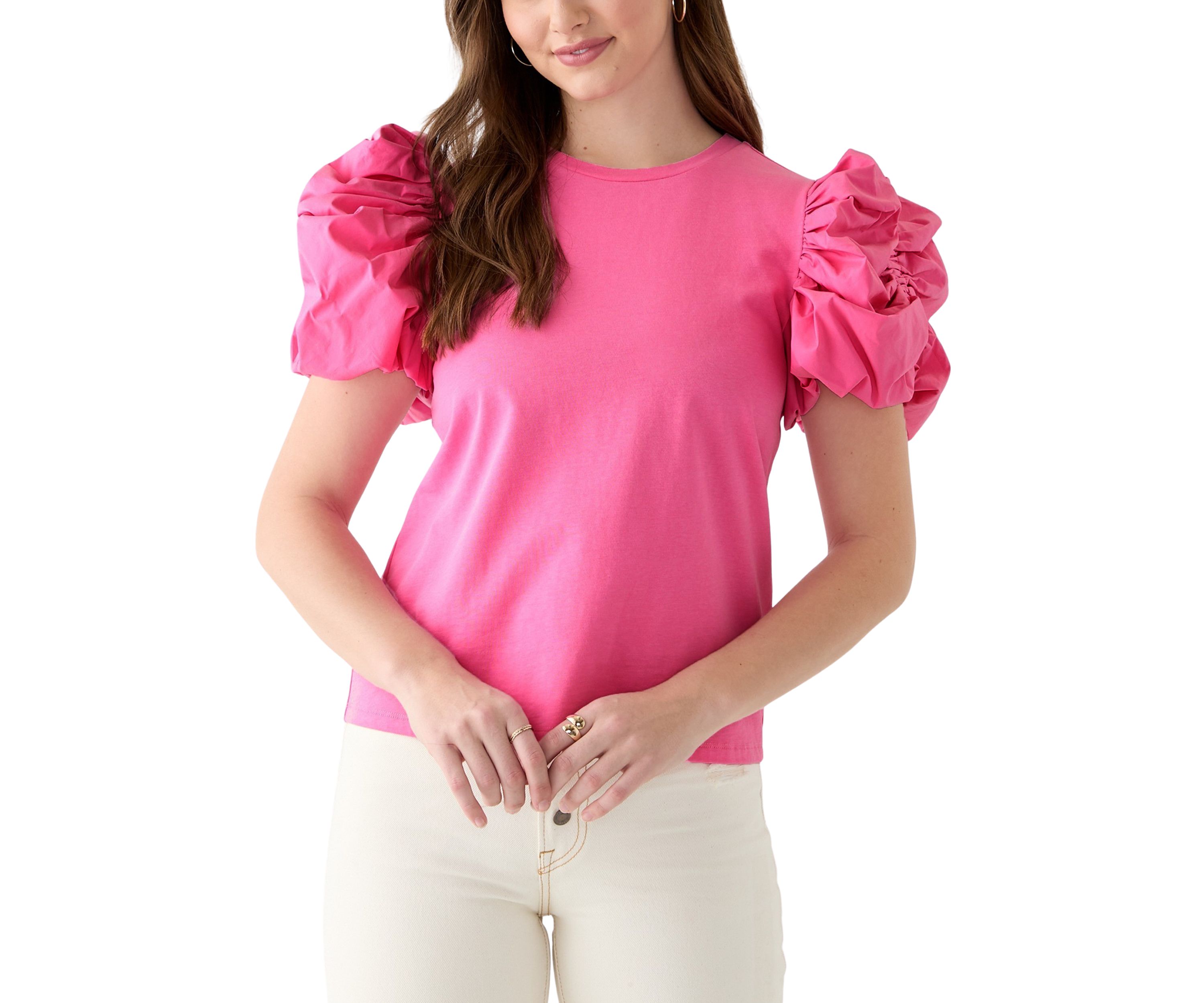 Womens Puff Sleeve Mixed Media Top