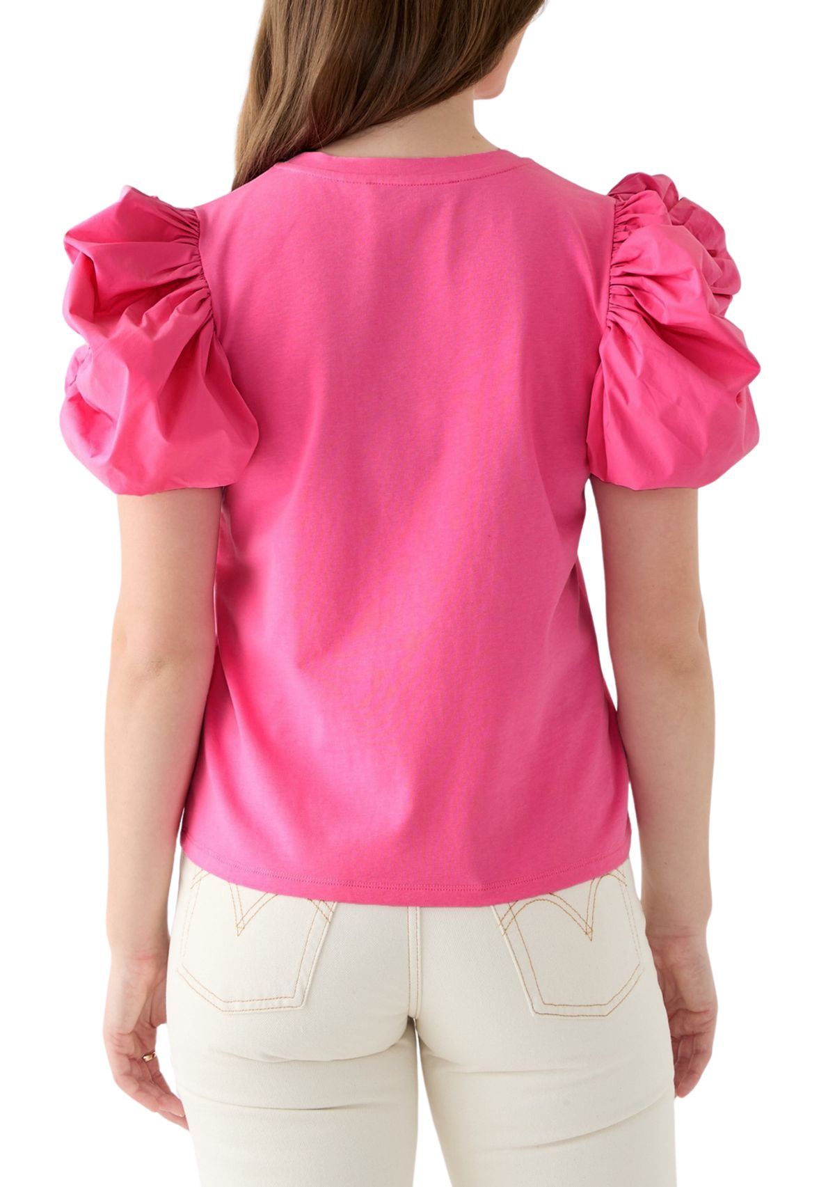 Womens Puff Sleeve Mixed Media Top