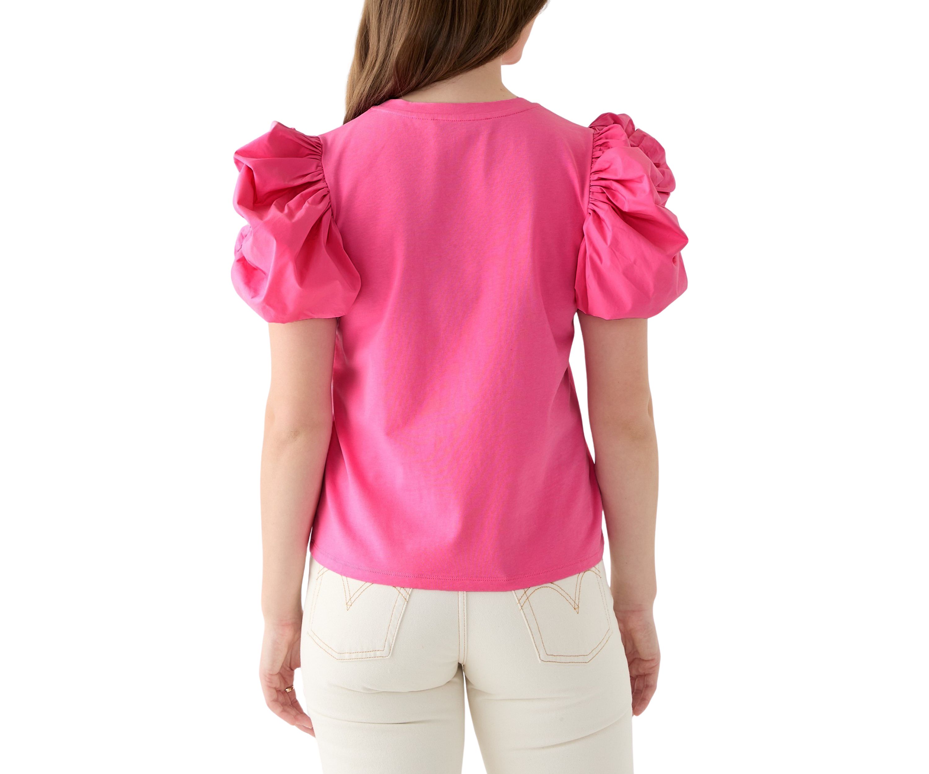 Womens Puff Sleeve Mixed Media Top