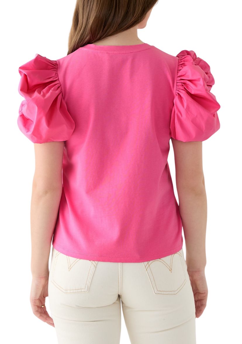 Womens Puff Sleeve Mixed Media Top