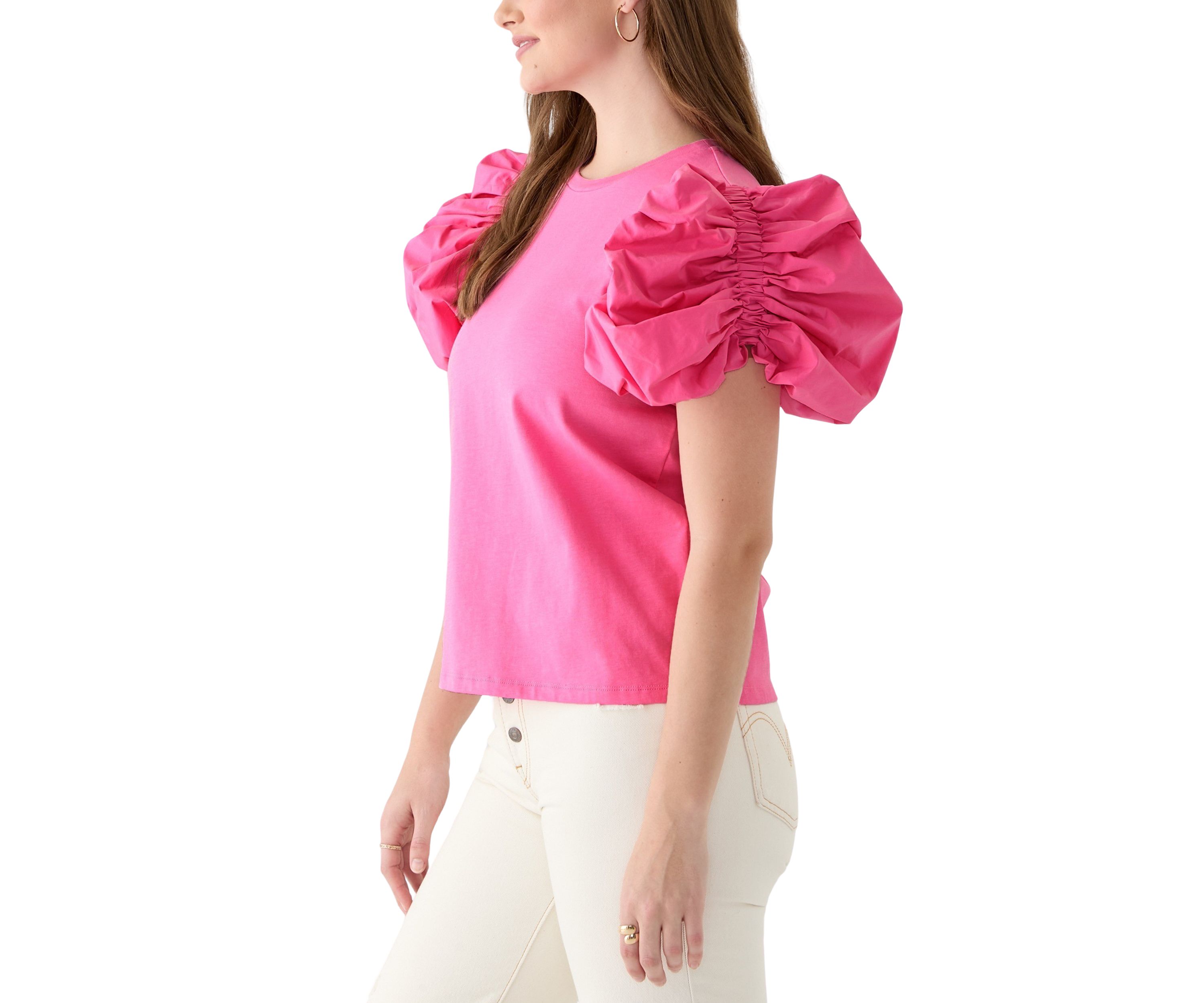Womens Puff Sleeve Mixed Media Top