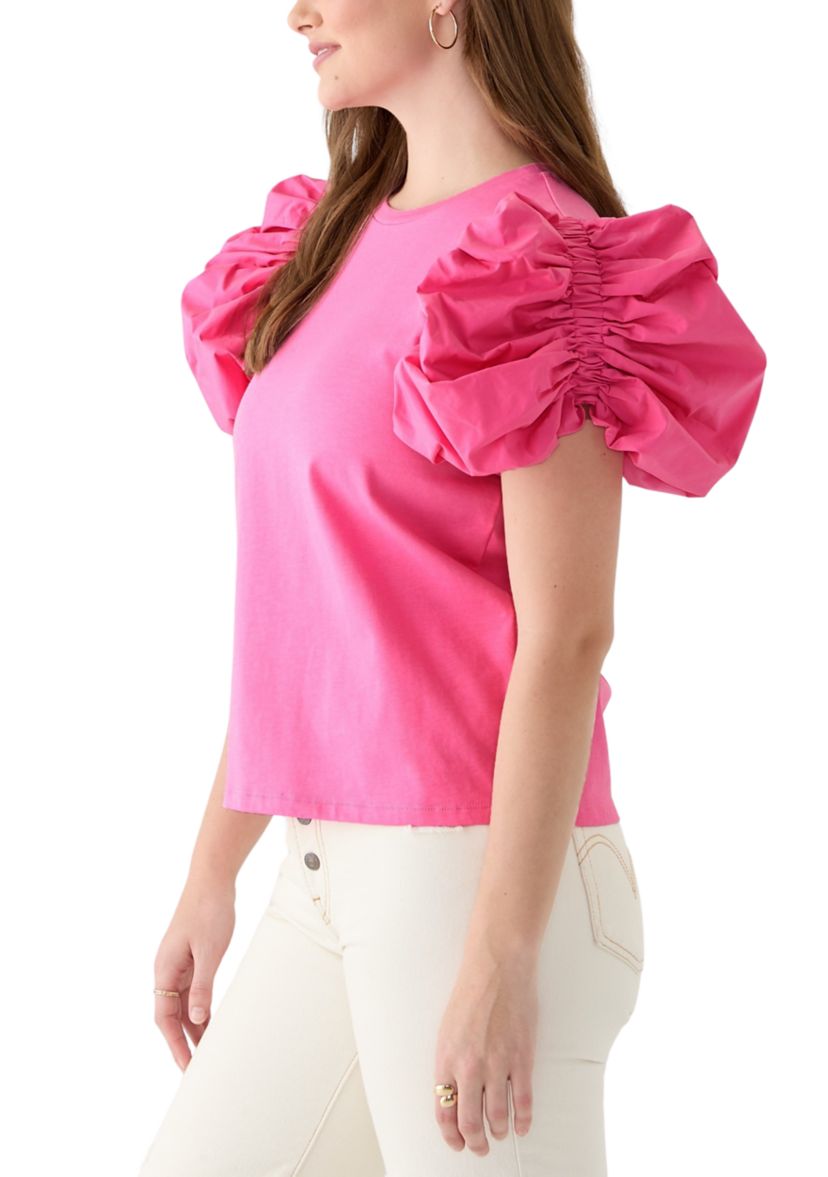 Womens Puff Sleeve Mixed Media Top