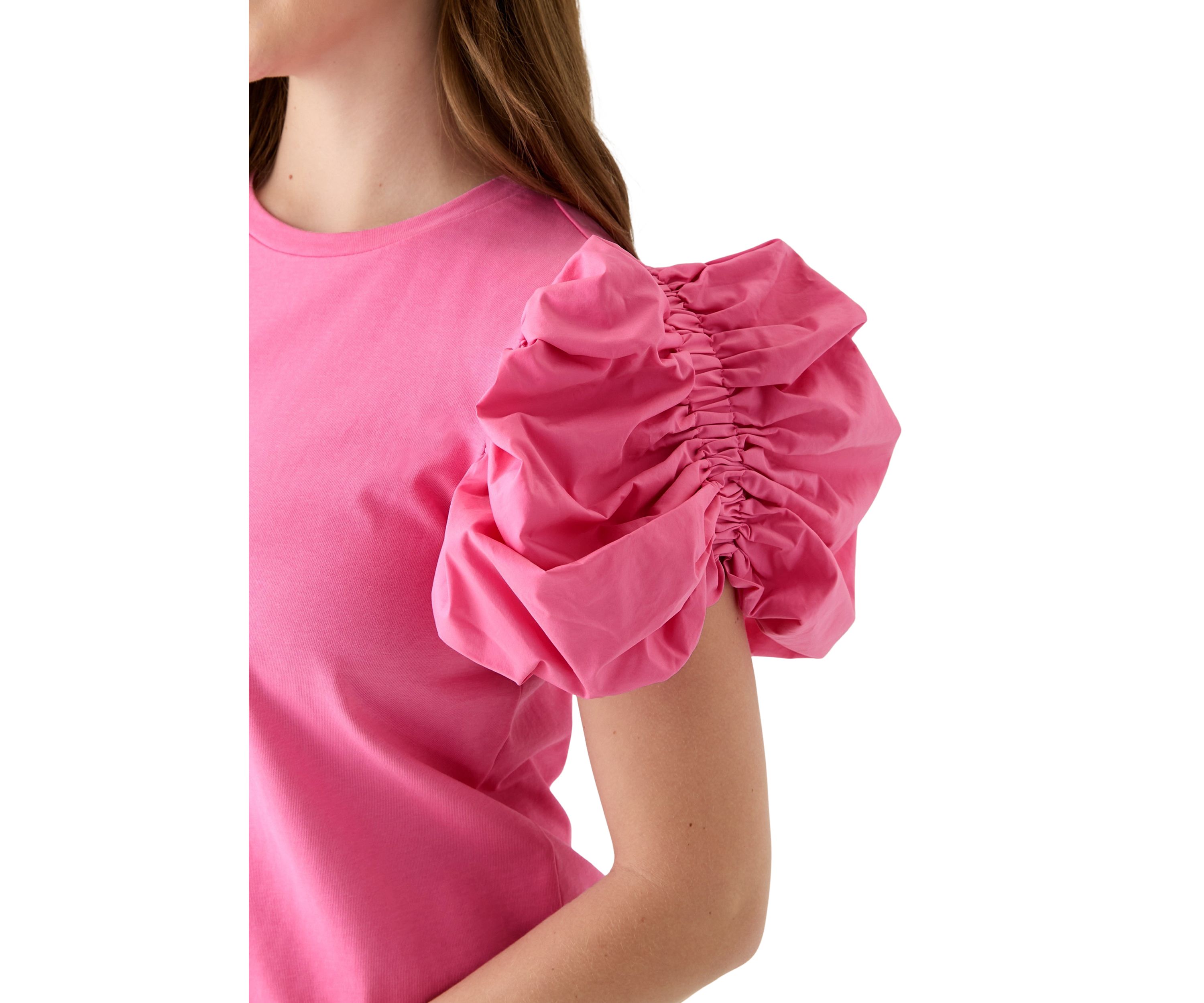 Womens Puff Sleeve Mixed Media Top