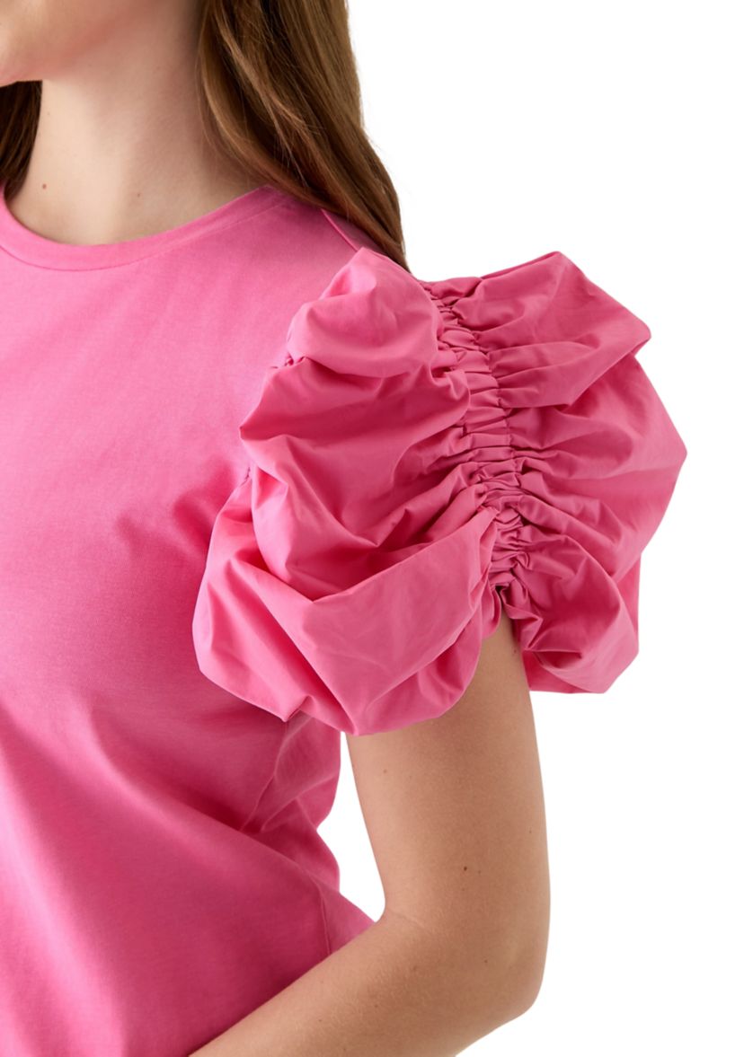 Womens Puff Sleeve Mixed Media Top