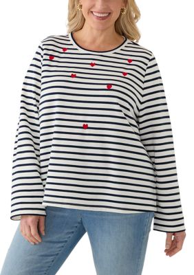 ENGLISH FACTORY Women's Plus Size Heart Embroidered Stripe T-Shirt