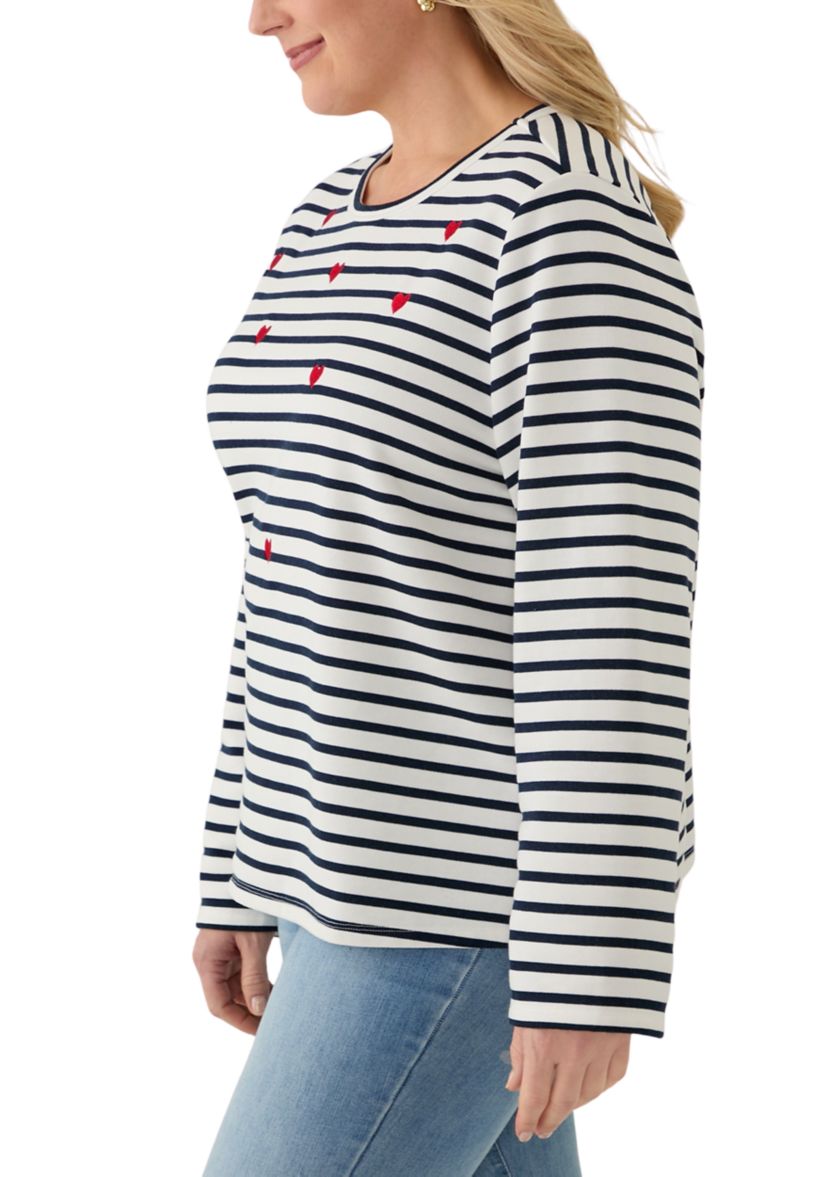 Plus Size Heart Embroidered Stripe T-Shirt
