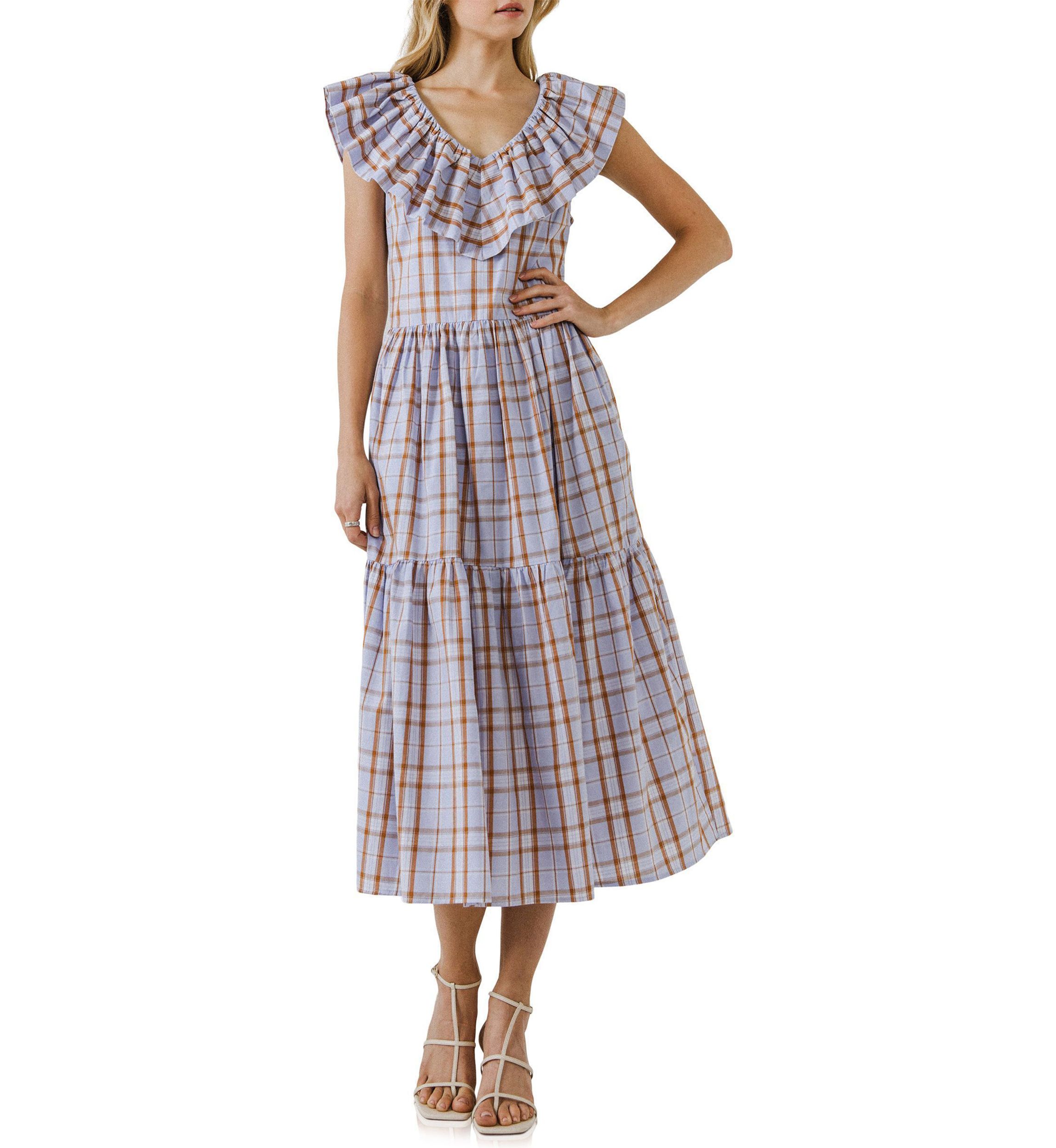 Plaid Midi Dress With Ruffle Neckline