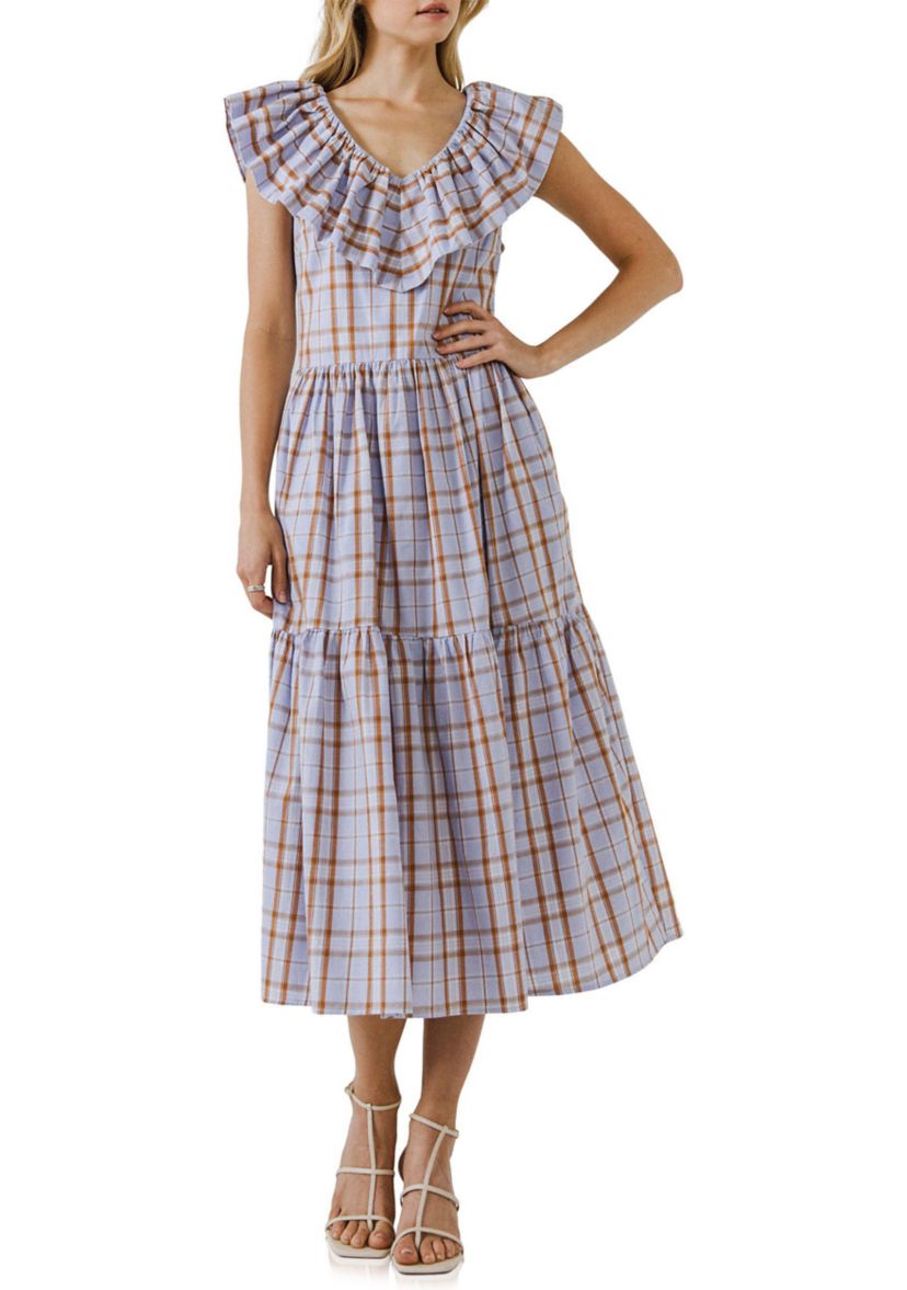 Plaid Midi Dress With Ruffle Neckline