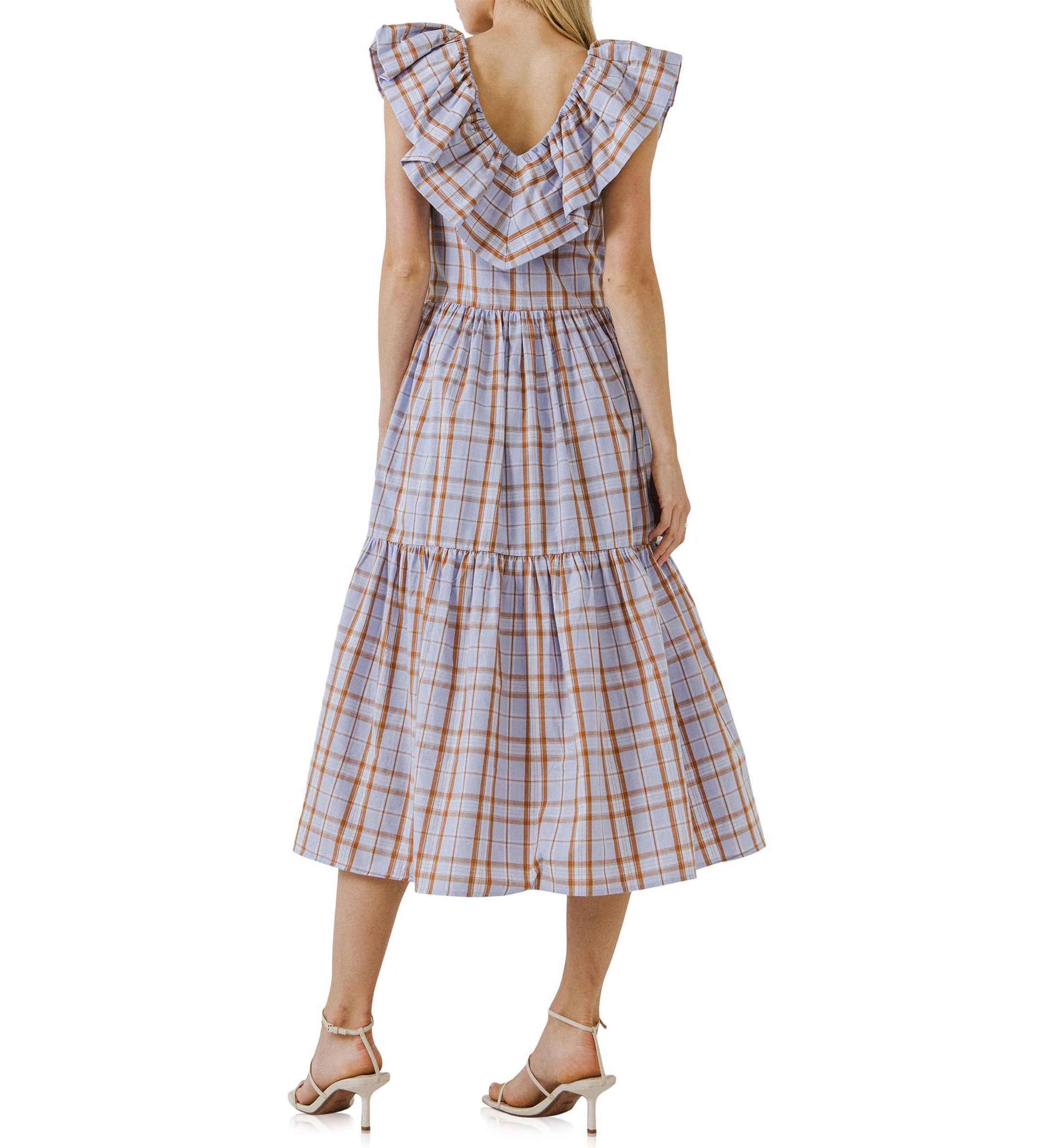 Plaid Midi Dress With Ruffle Neckline