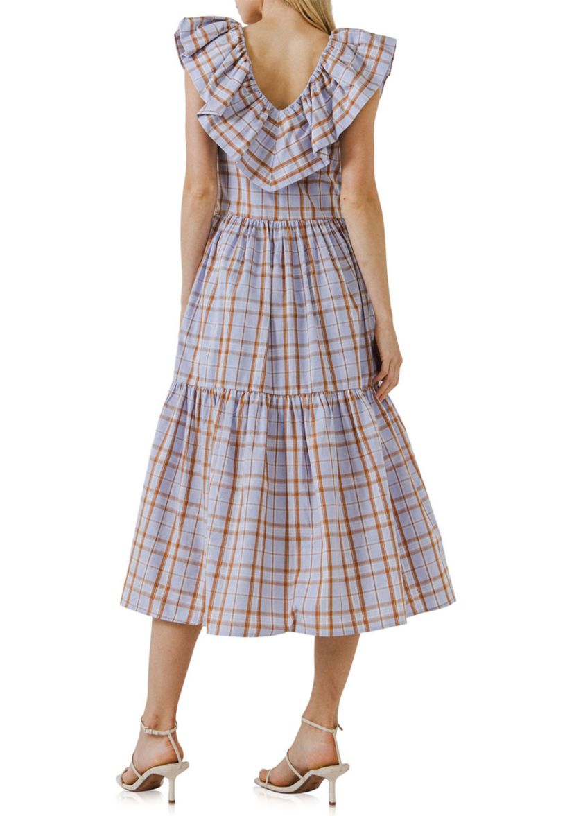 Plaid Midi Dress With Ruffle Neckline