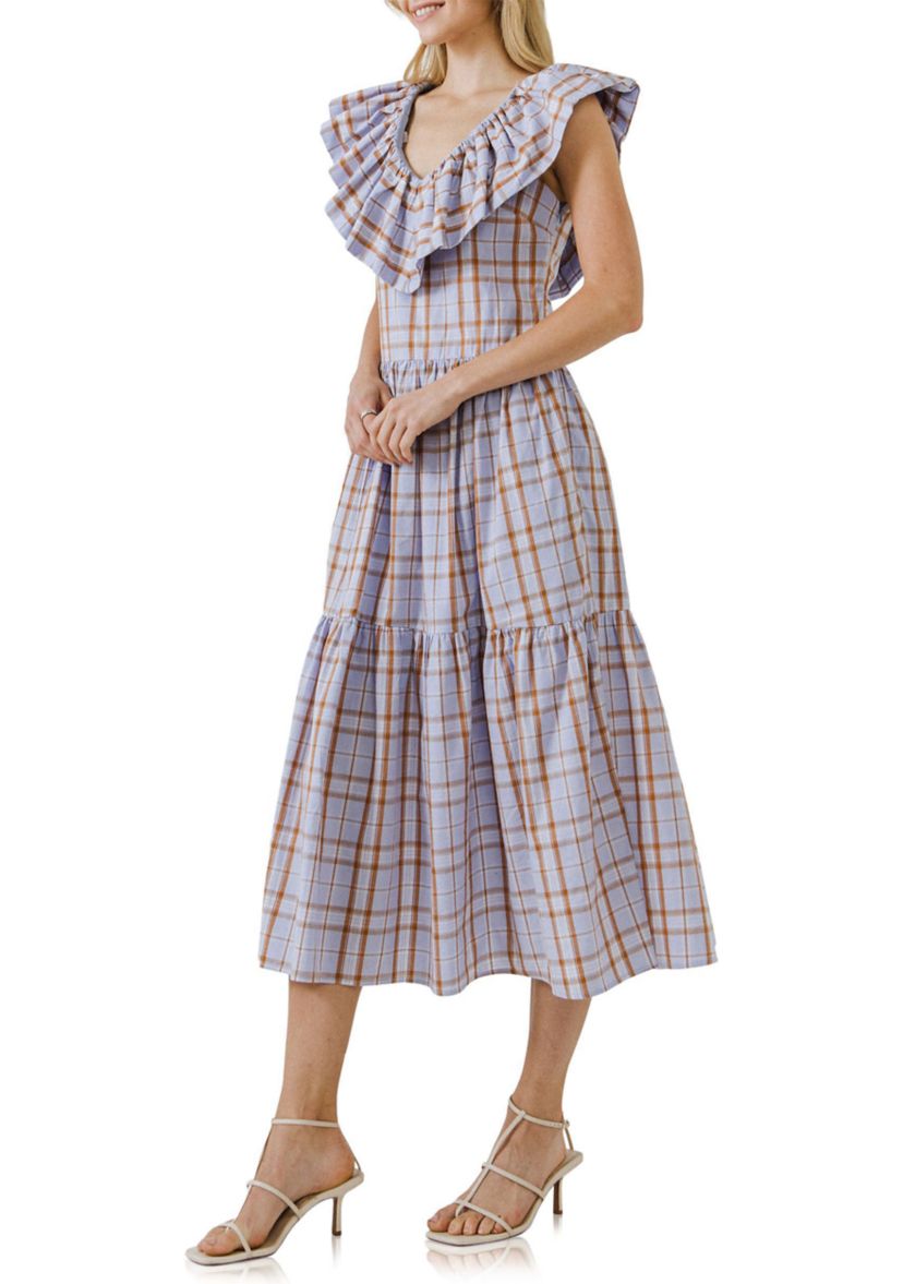 Plaid Midi Dress With Ruffle Neckline