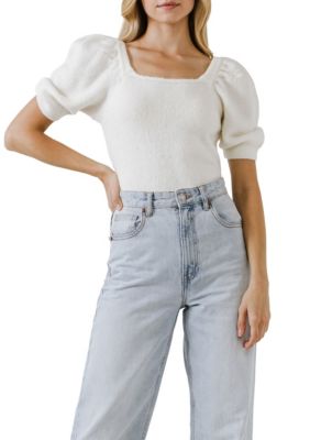 ENGLISH FACTORY Women's Short Puff Sleeve Sweater, Medium