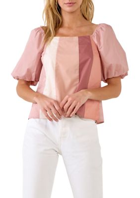 Color Blocked Top with Short Puff Sleeves