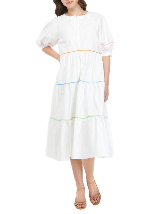 ENGLISH FACTORY Elbow Puff Sleeve Multicolor Tier Dress