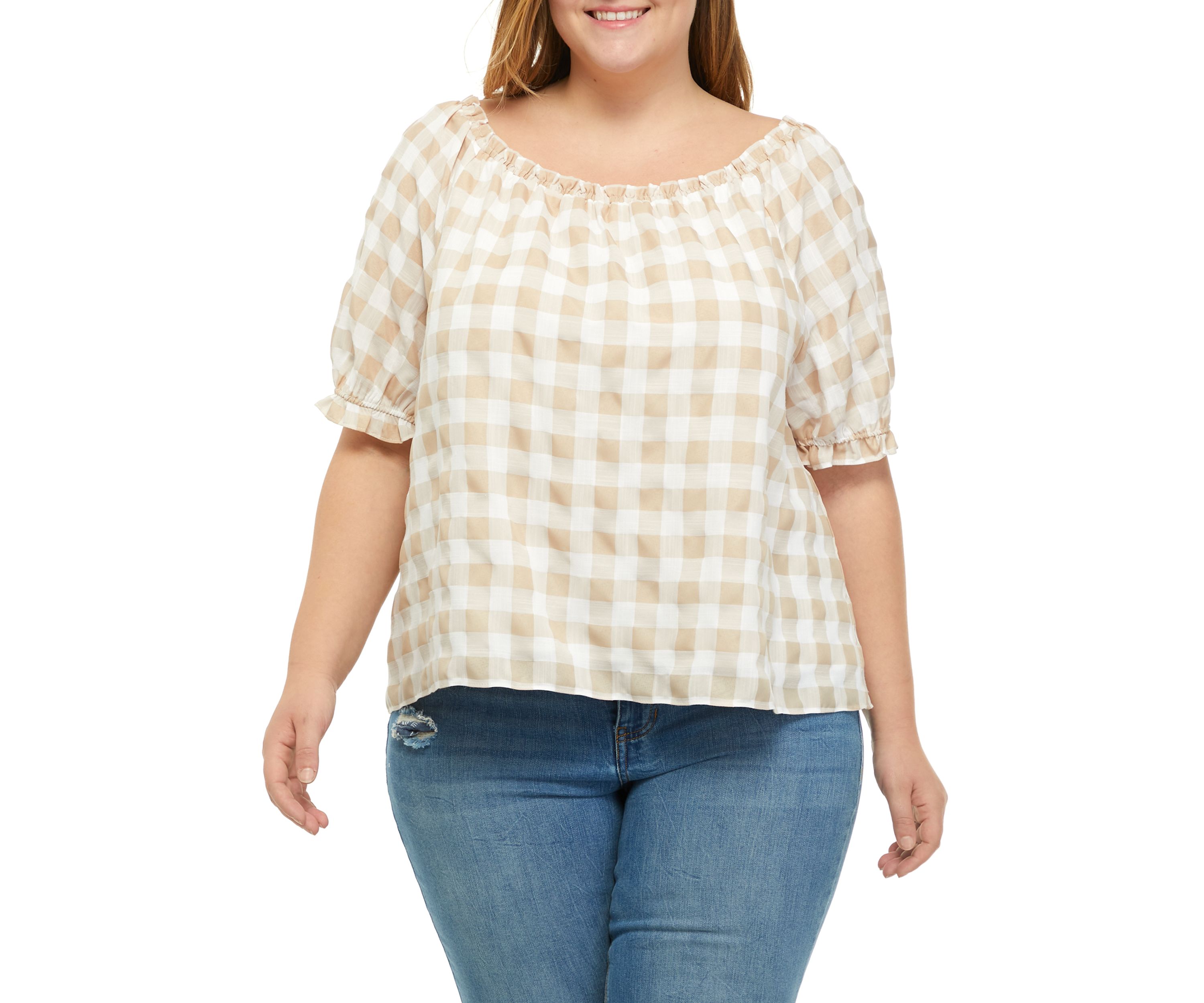 Plus Size Short Sleeve Gingham Woven Top 