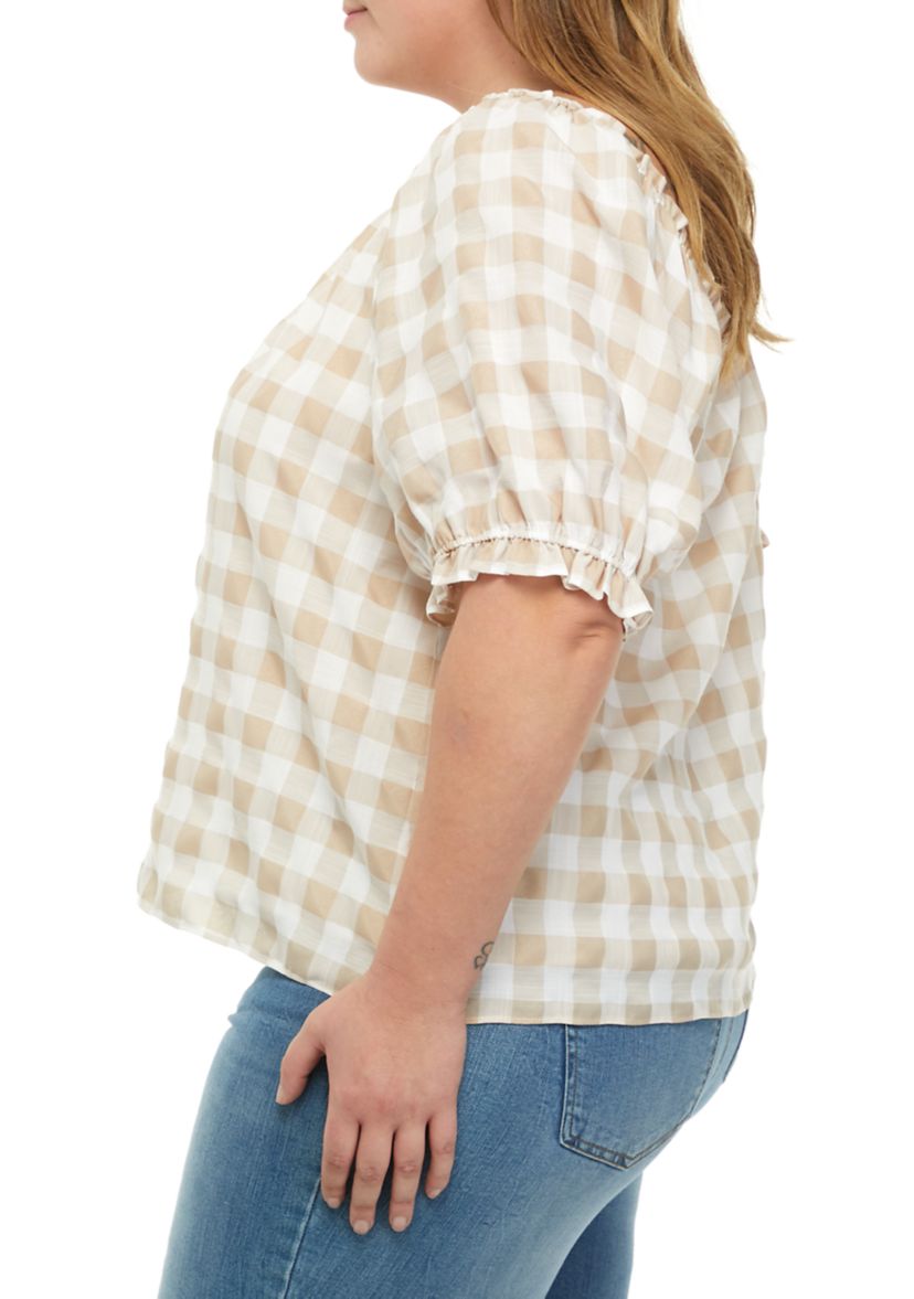 Plus Size Short Sleeve Gingham Woven Top 