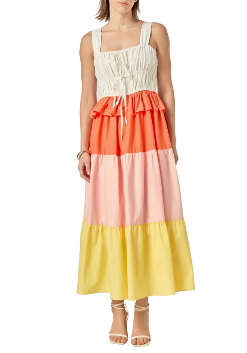 Color Block Tied Detail Shirring Dress